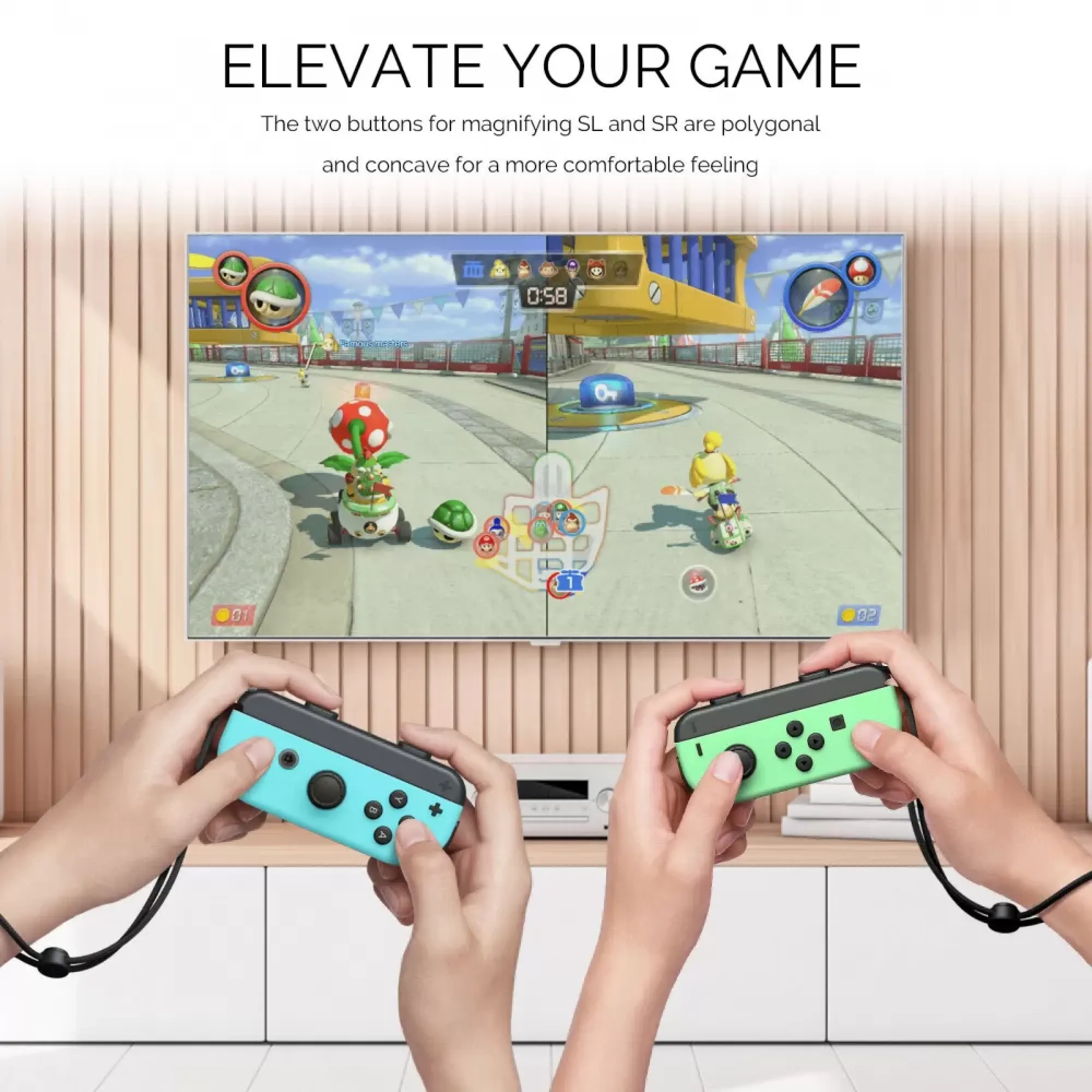 Zwei Hände halten Nintendo Switch Joy-Cons vor einem Fernsehbildschirm mit Mario Kart.