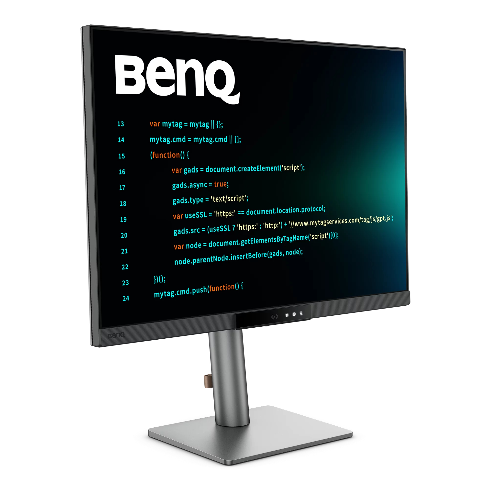 Un monitor BenQ muestra código con el logo de BenQ y un degradado.