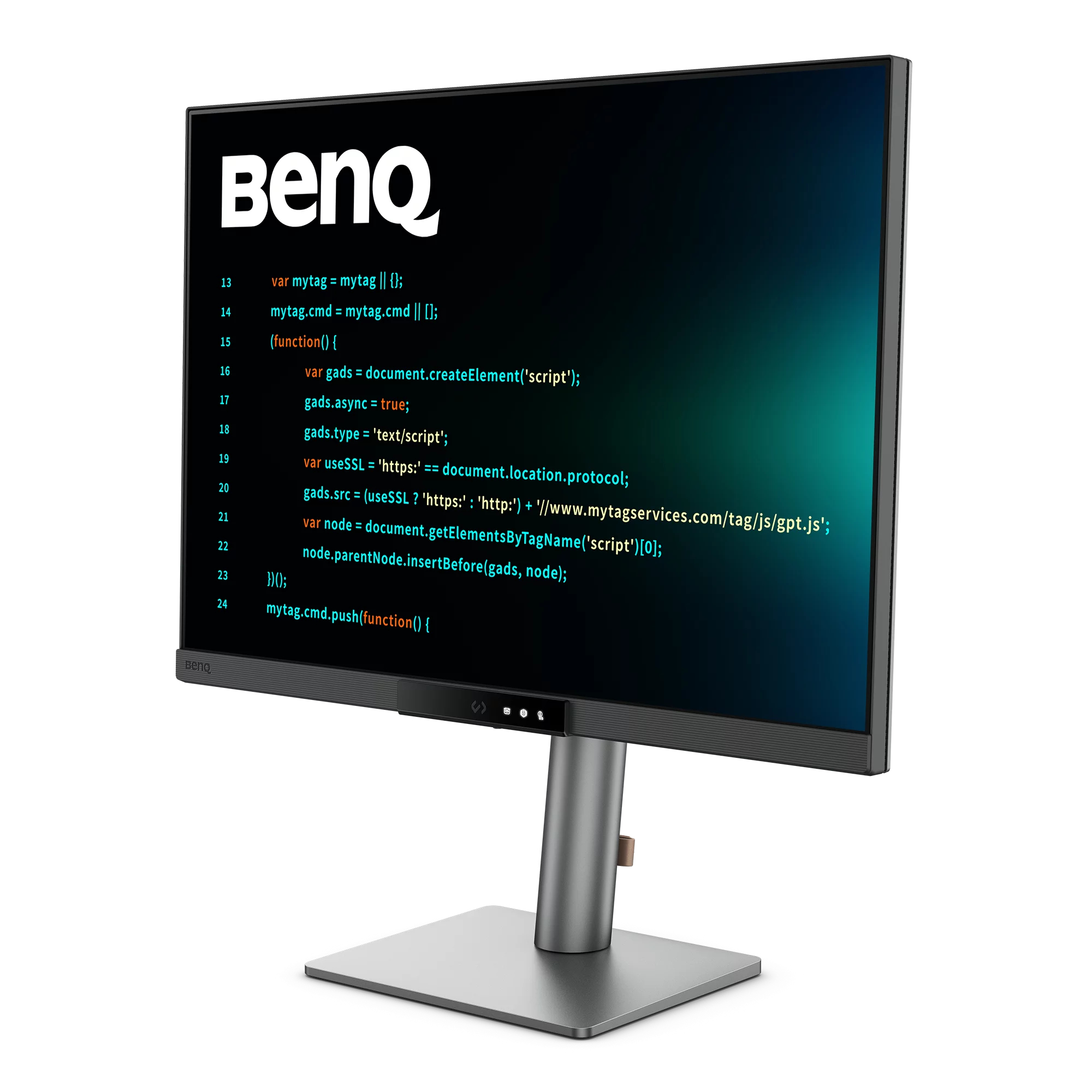 Un monitor BenQ muestra código sobre un fondo oscuro y degradado. El monitor tiene un soporte plateado.