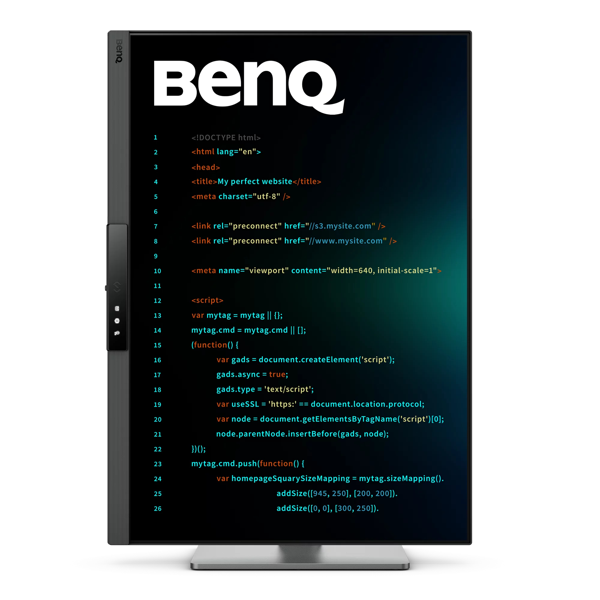 Monitor BenQ muestra código HTML con logo BenQ y numeración.