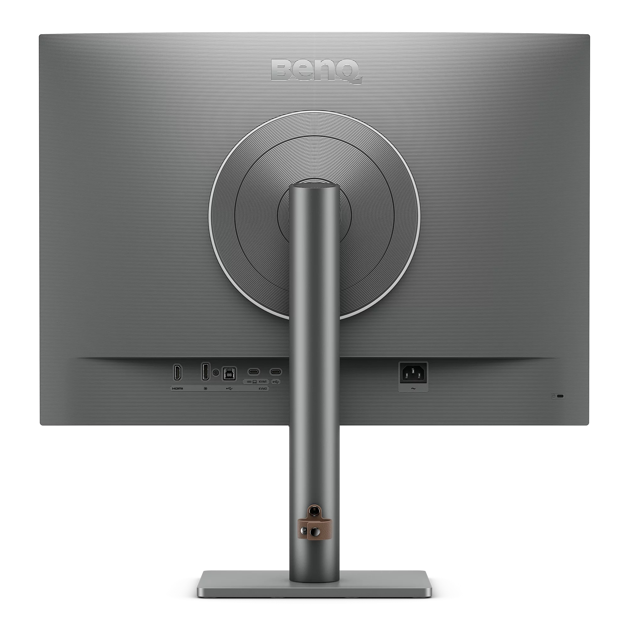 Parte trasera de un monitor gris con puertos y un soporte.