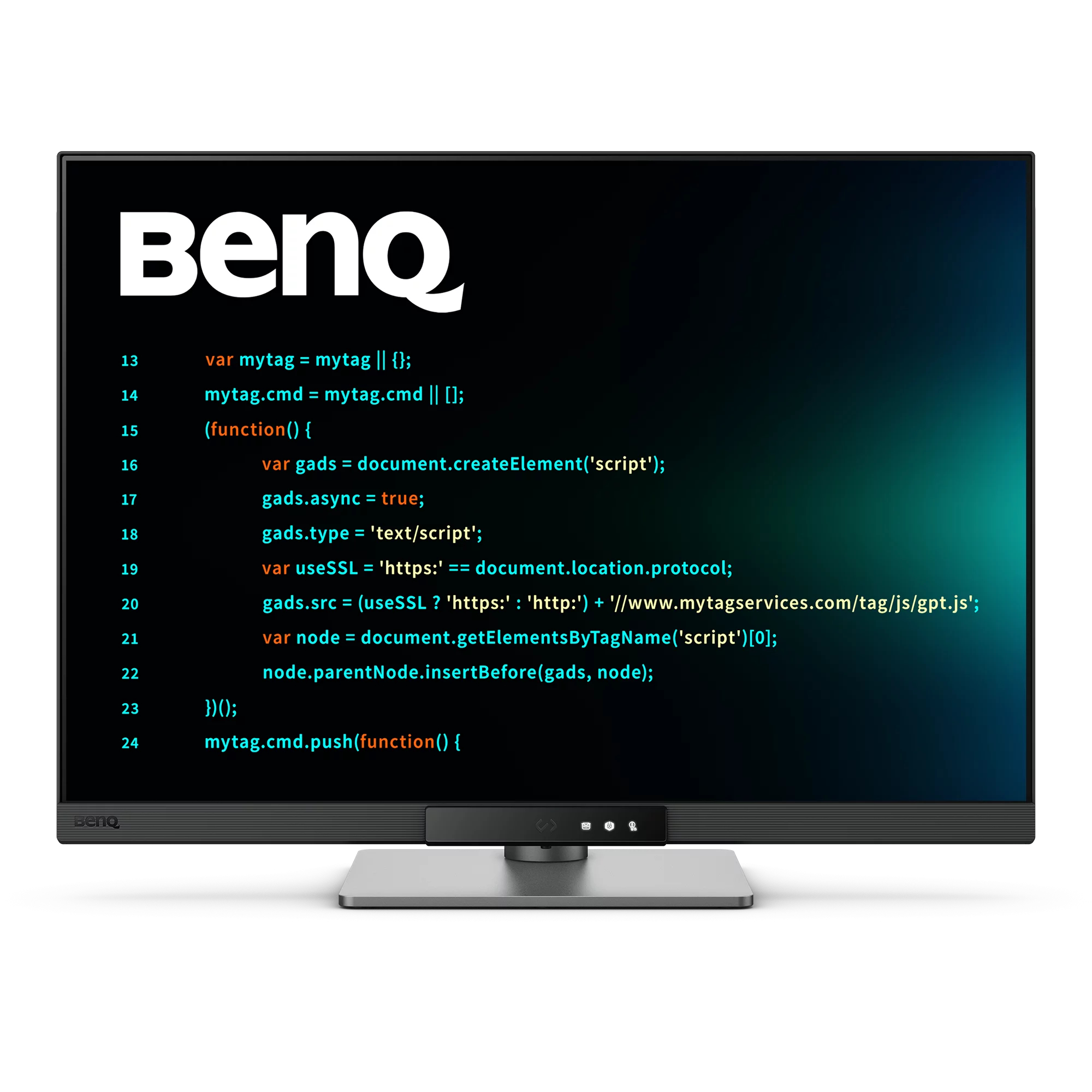 Un monitor BenQ muestra código en una pantalla oscura degradada con el logo BenQ.