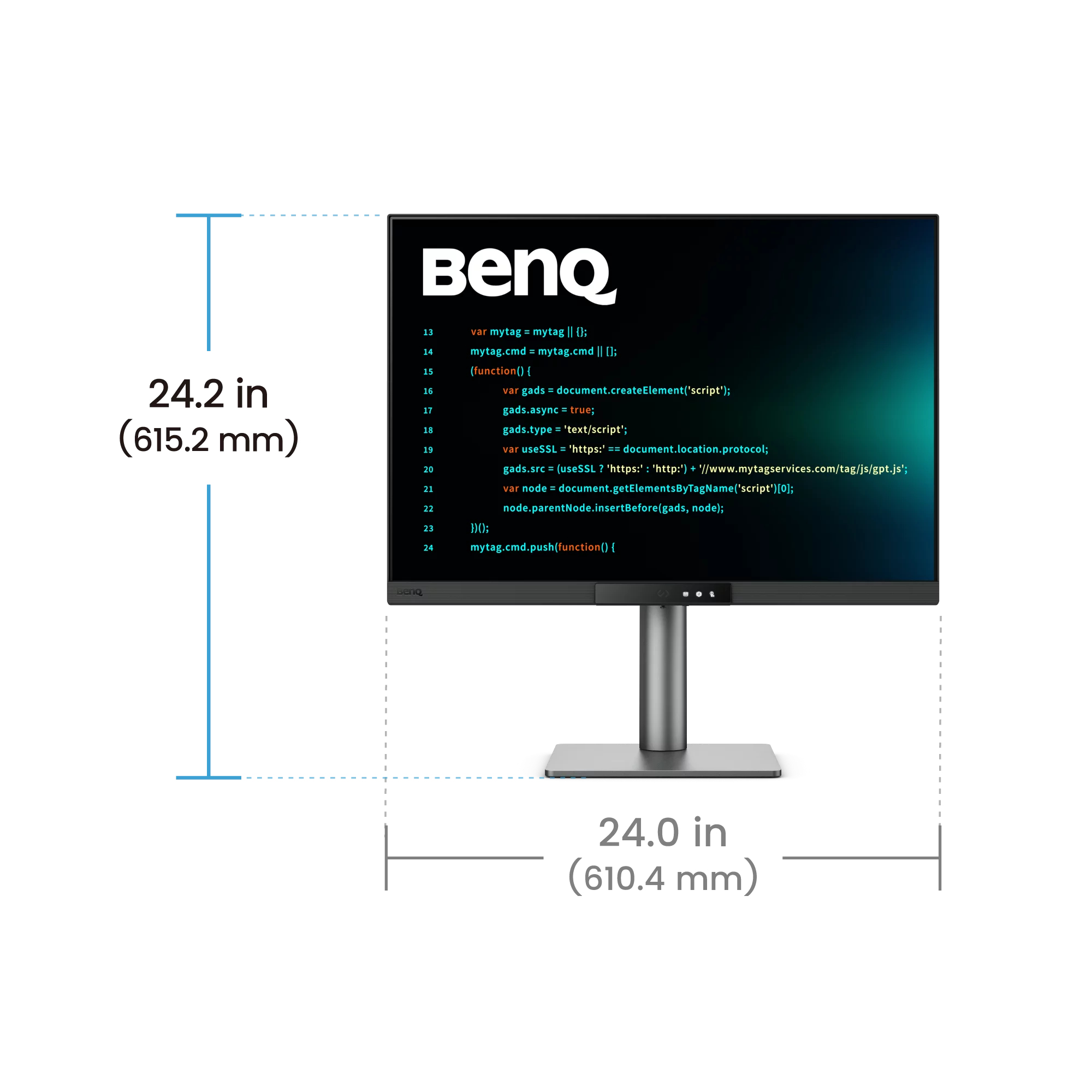 Monitor BenQ mostrando código. Dimensiones: 24,2 pulgadas alto, 24,0 pulgadas ancho.