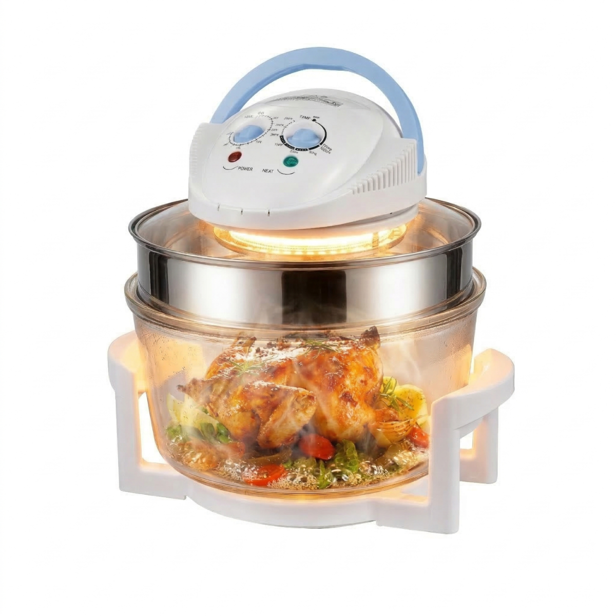 Un pollo asado con verduras en un horno de vidrio con asa blanca y controles.