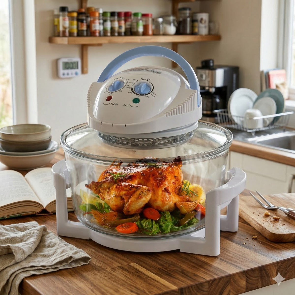 Un pollo asado dorado con verduras se sienta en un horno de vidrio.