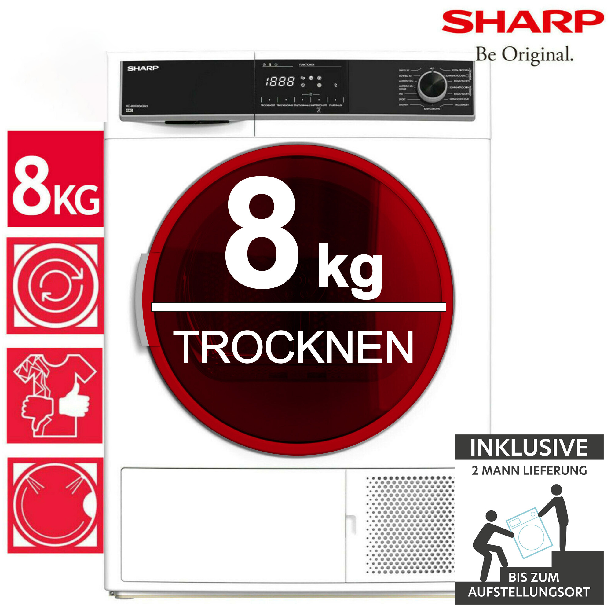 Ein weißer Sharp Wäschetrockner mit 8kg Kapazität und Bedienfeld.