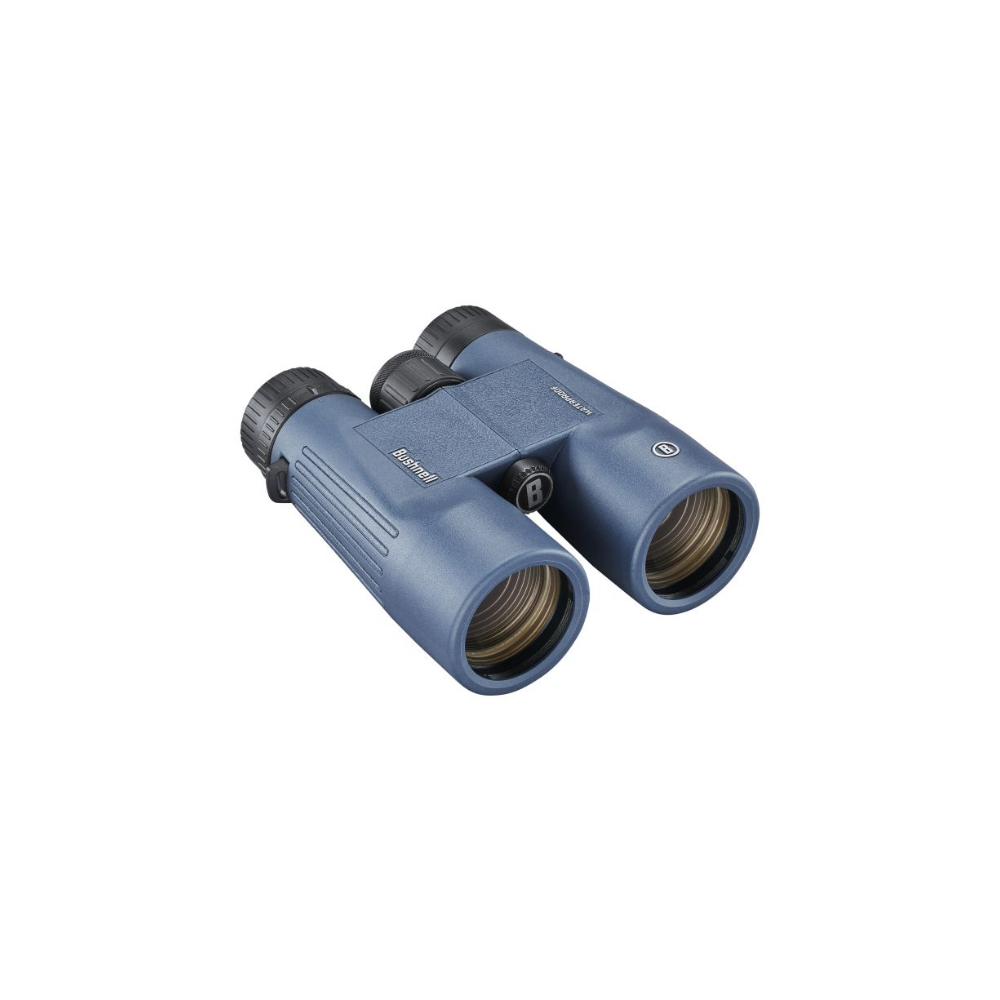 Eine blaue Bushnell-Fernglas mit Fokusrad und Objektivdeckeln.