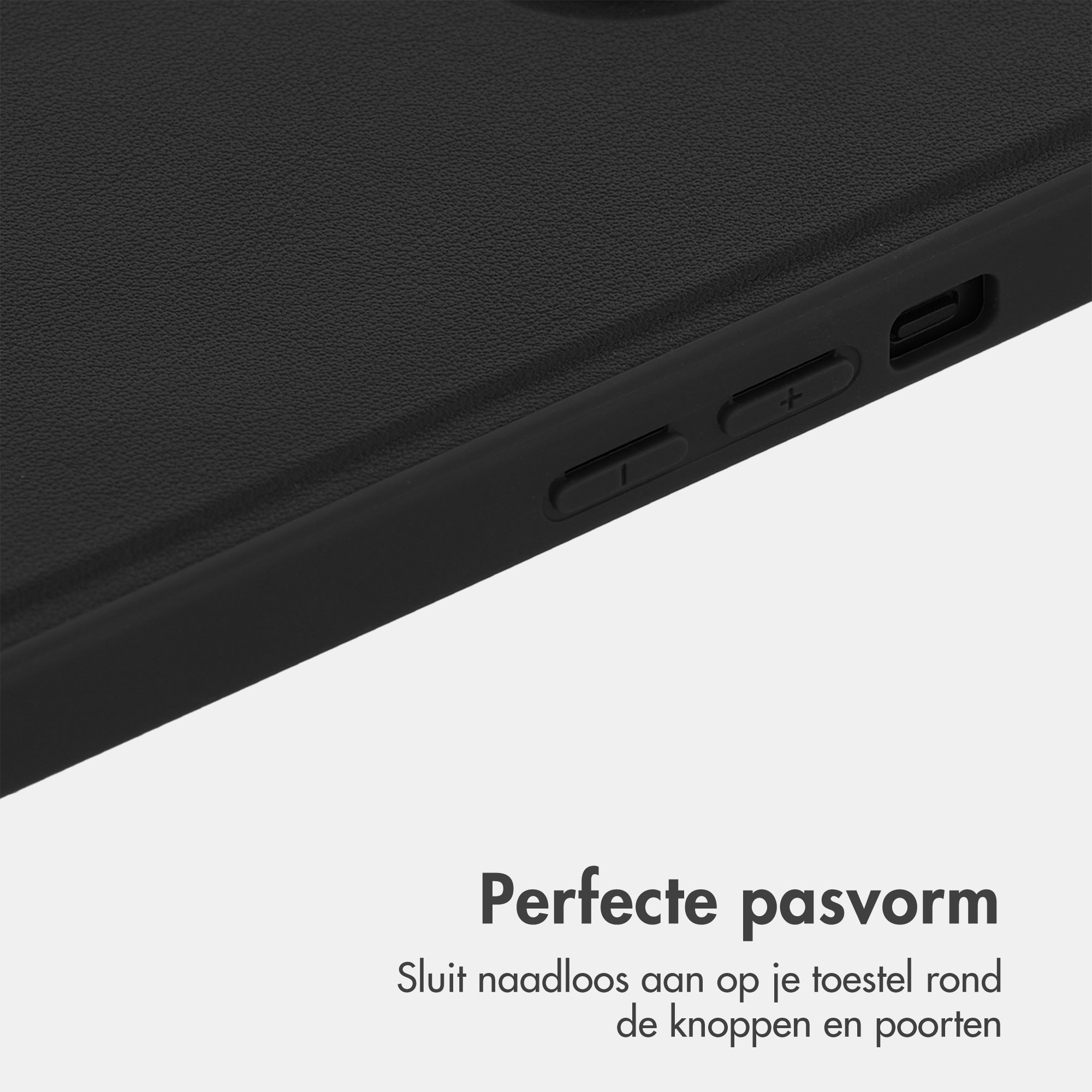 Zwarte telefoonhoes met precieze uitsparingen voor knoppen en poorten.