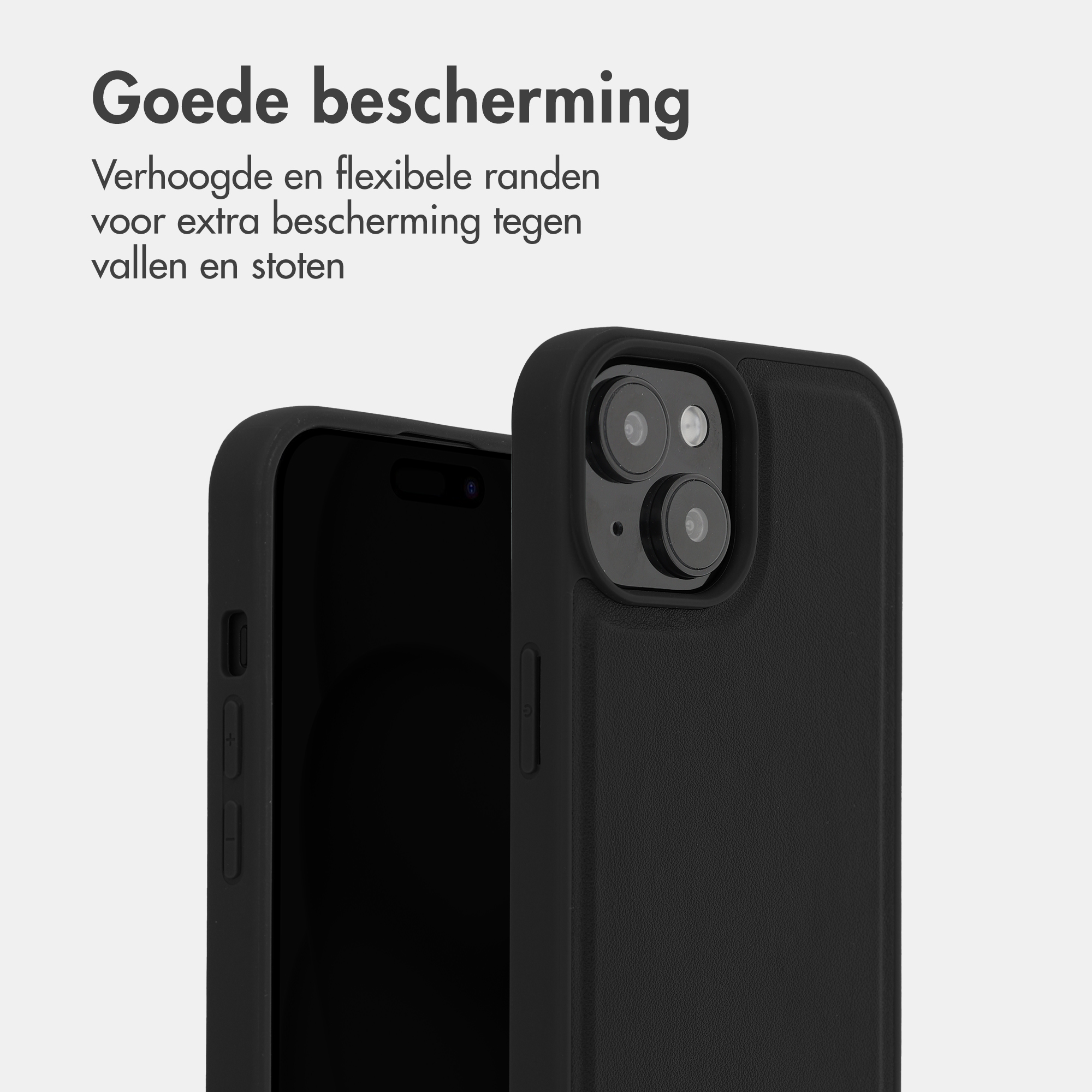 Zwarte telefoonhoes met verhoogde randen en camerabehuizing.
