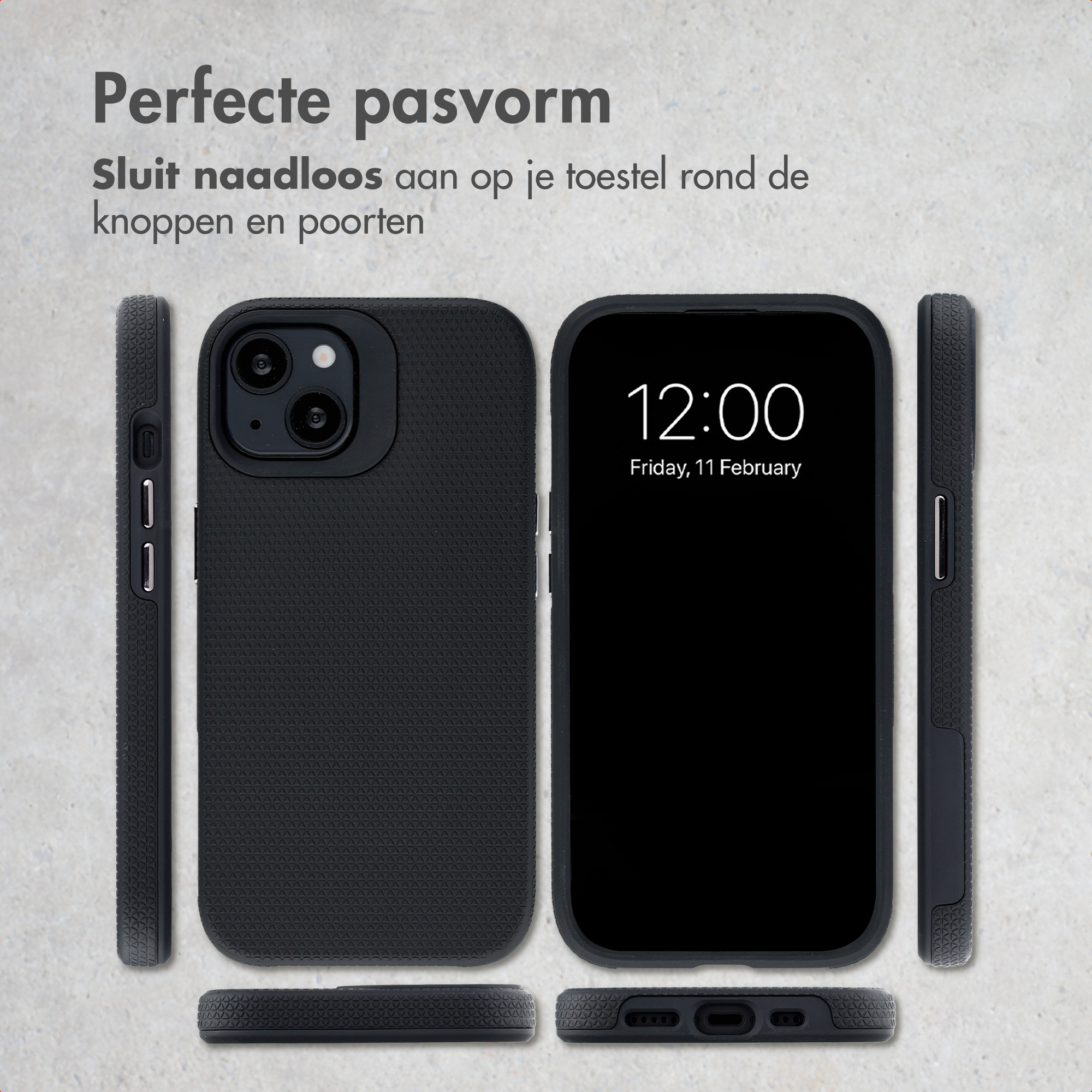 Schwarzes Handy im Schutzhülle-Set, Seitenansichten und Rückseite.