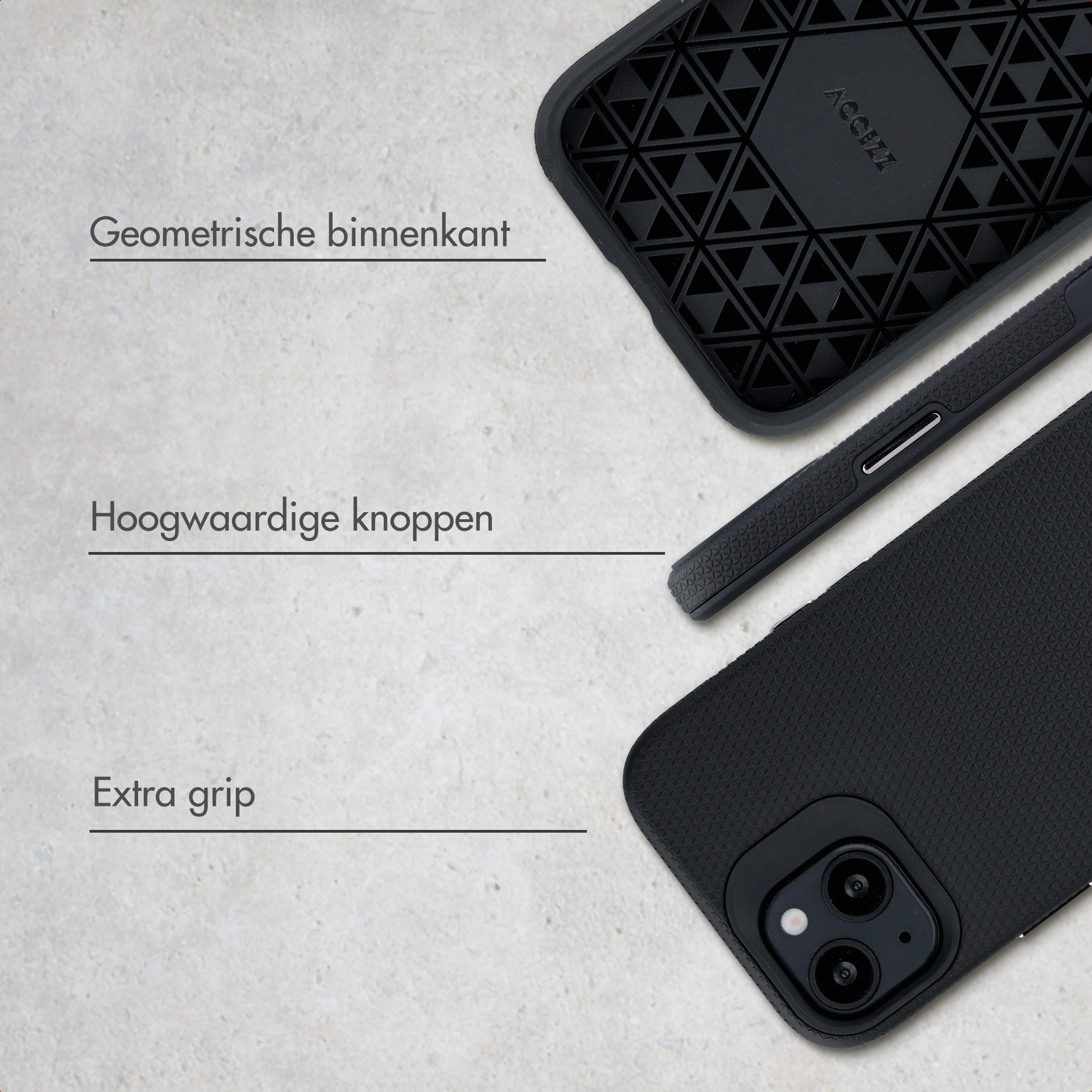 Schwarze Handyhülle mit geometrischem Muster innen und extra Griff.