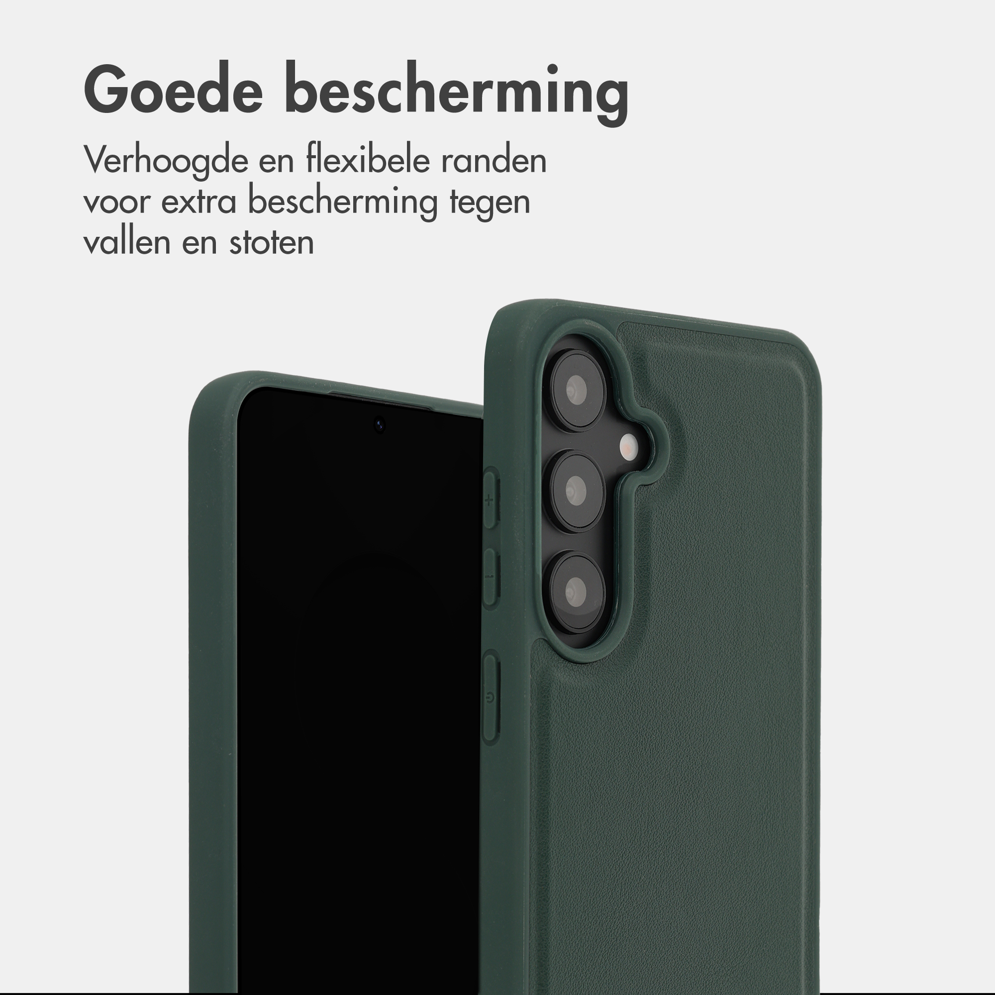 Dunkelgrüne Handyhülle mit erhöhten Rändern und Kameraöffnung.