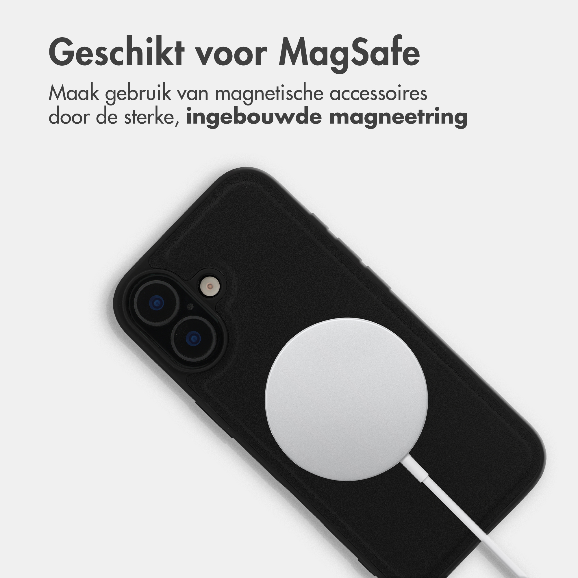 Schwarze iPhone-Hülle mit MagSafe-Ladegerät und Kabel.