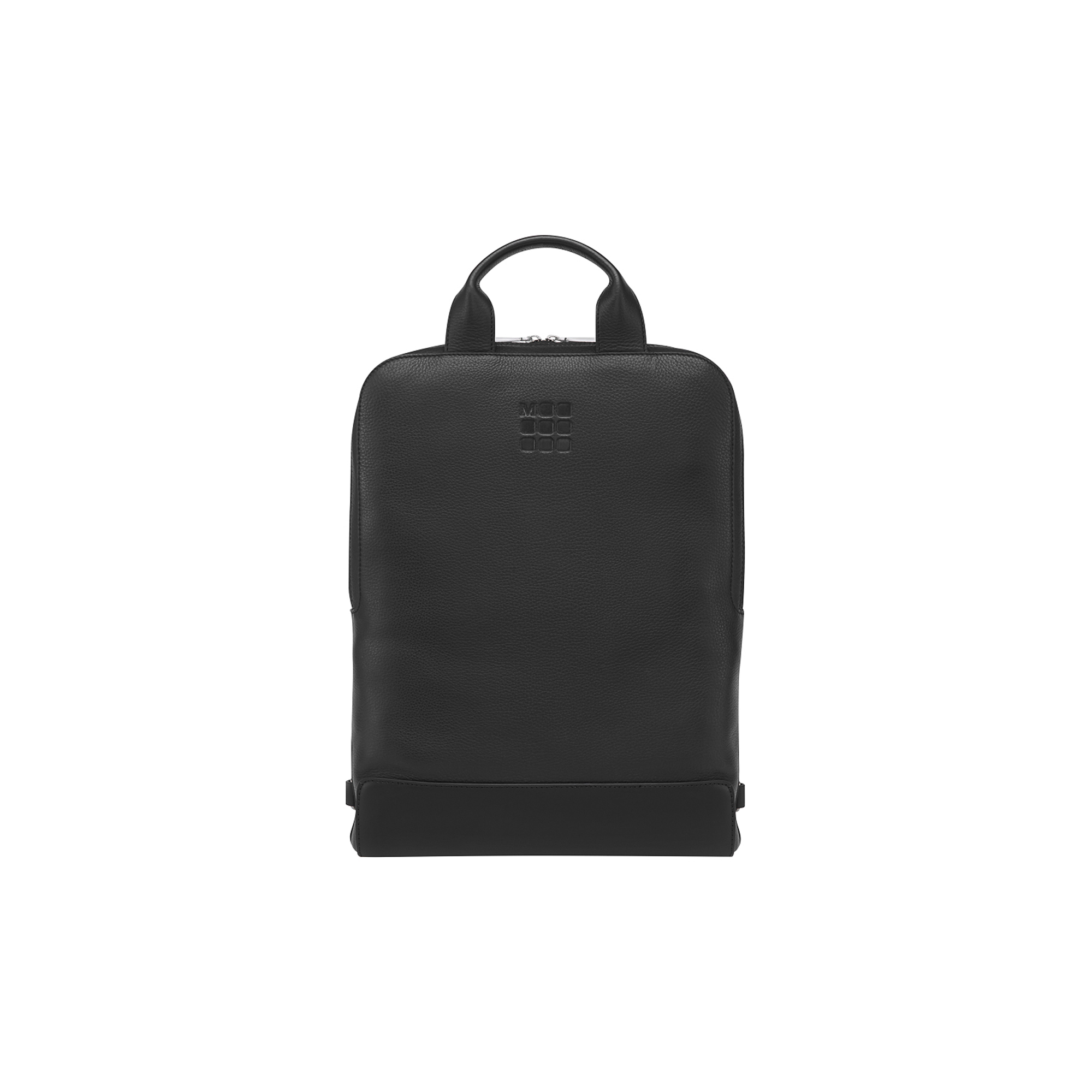 Zaino nero in pelle con manico e logo.