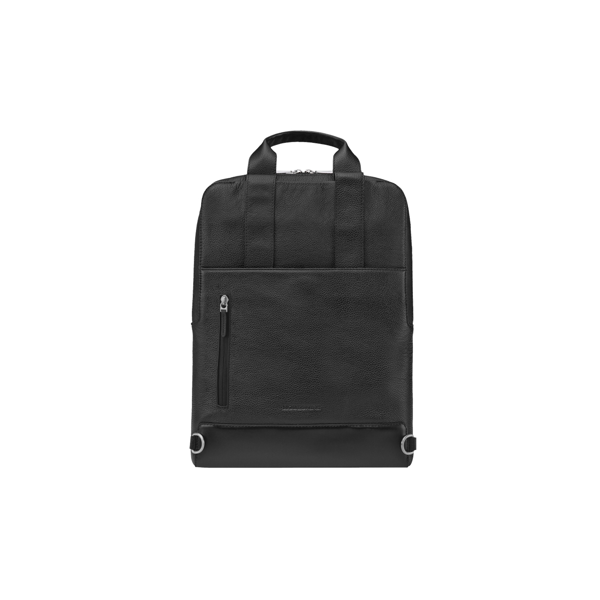 Zaino nero in pelle con tasca con zip e manici superiori.
