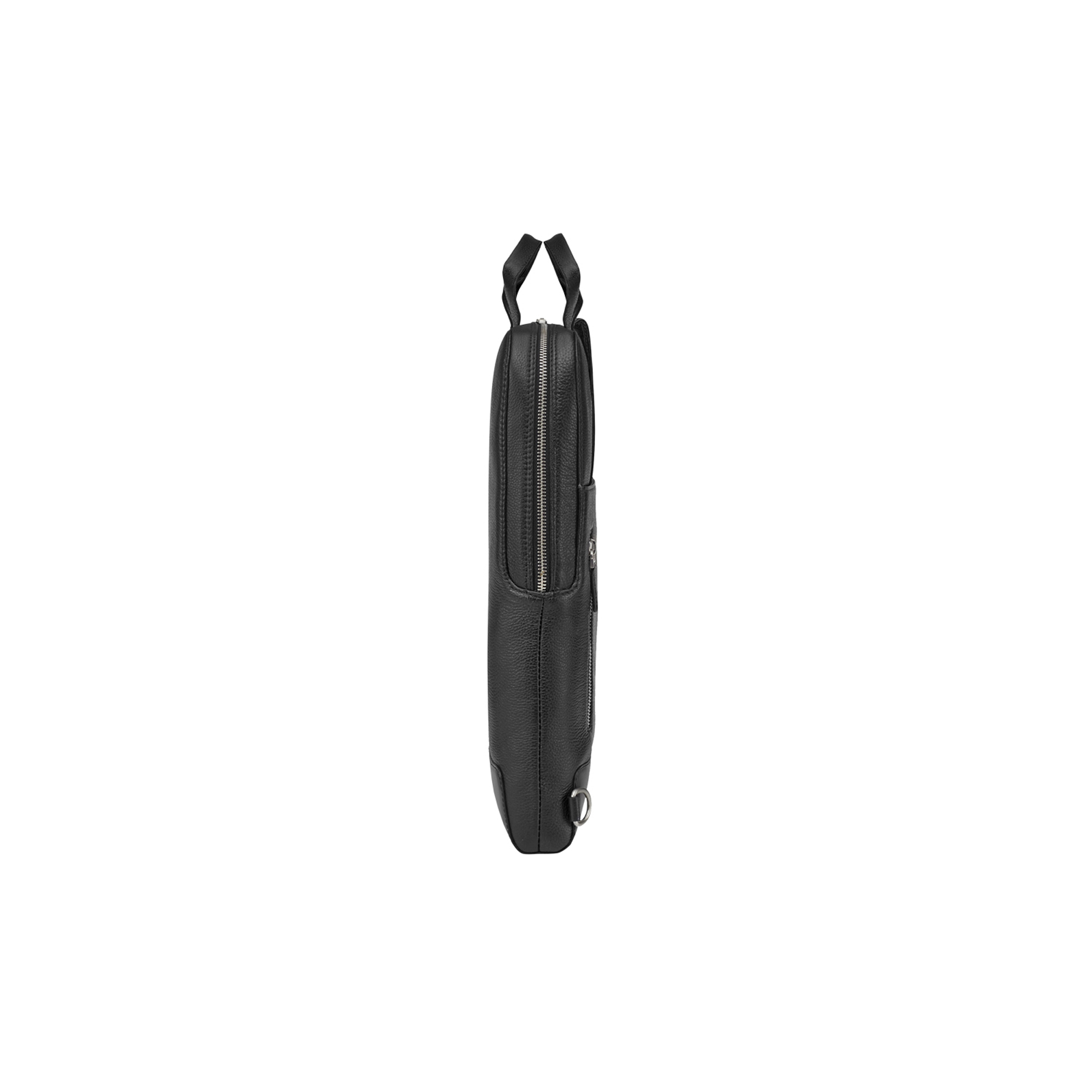 Borsa nera in pelle per laptop con cerniera e manici.