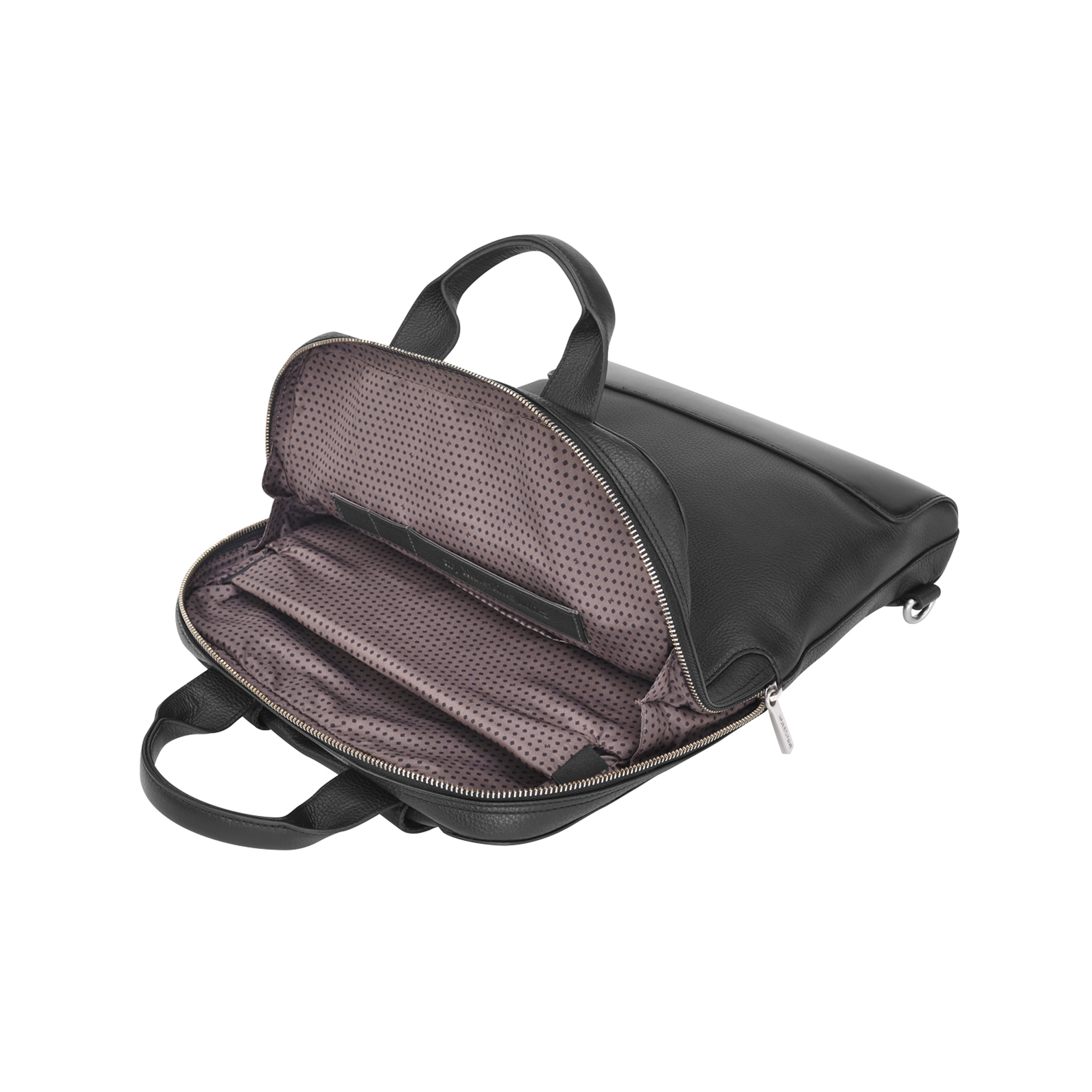 Una borsa da lavoro in pelle nera con scomparto principale aperto, che rivela una fodera a fantasia.