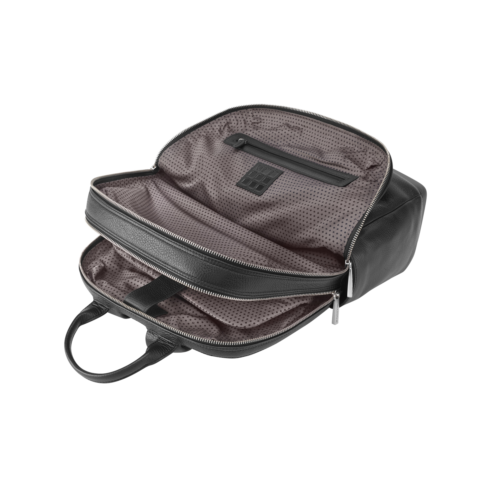 Borsa in pelle nera con scomparti aperti, zip argentate e fodera fantasia.