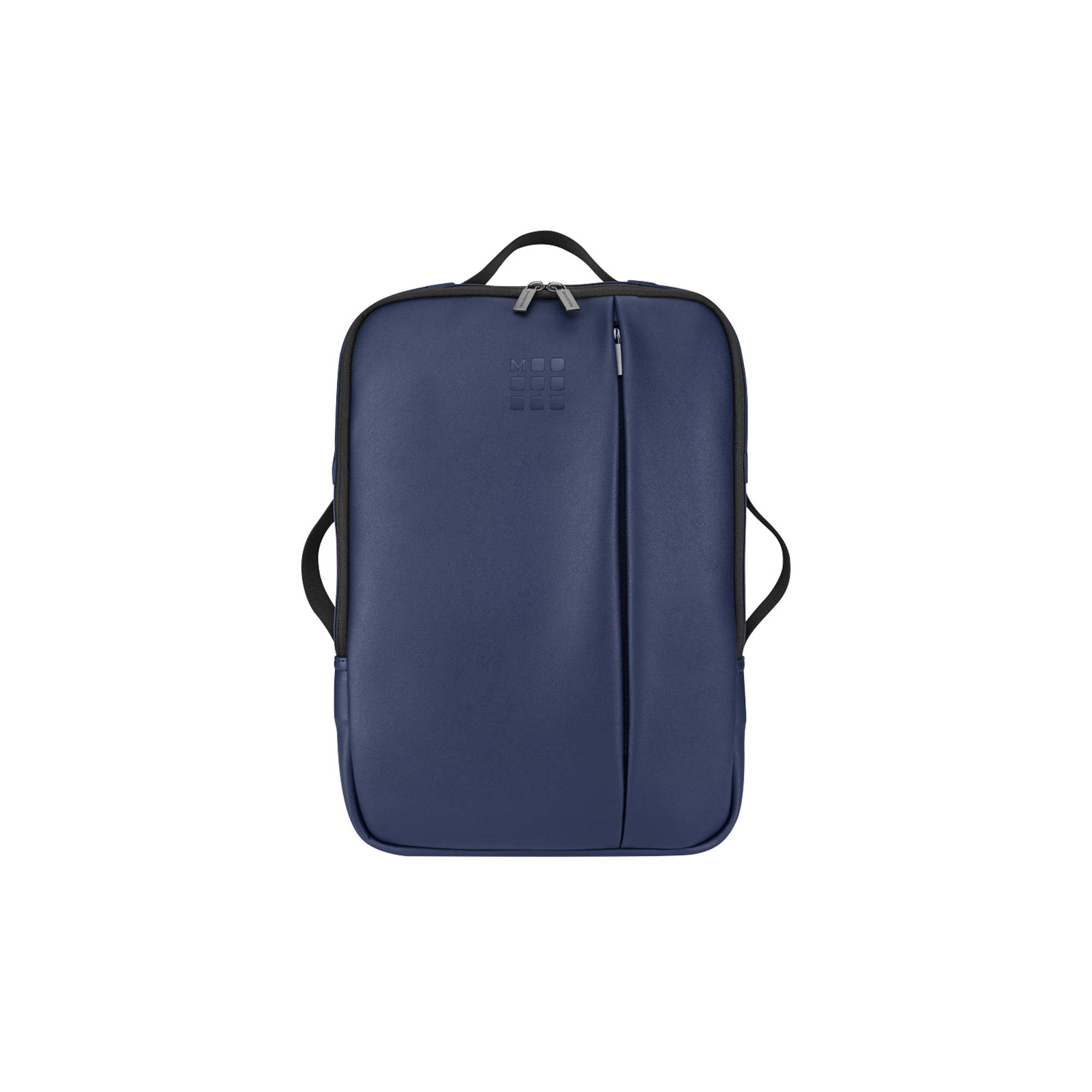 Uno zaino blu scuro con due cerniere e un logo.