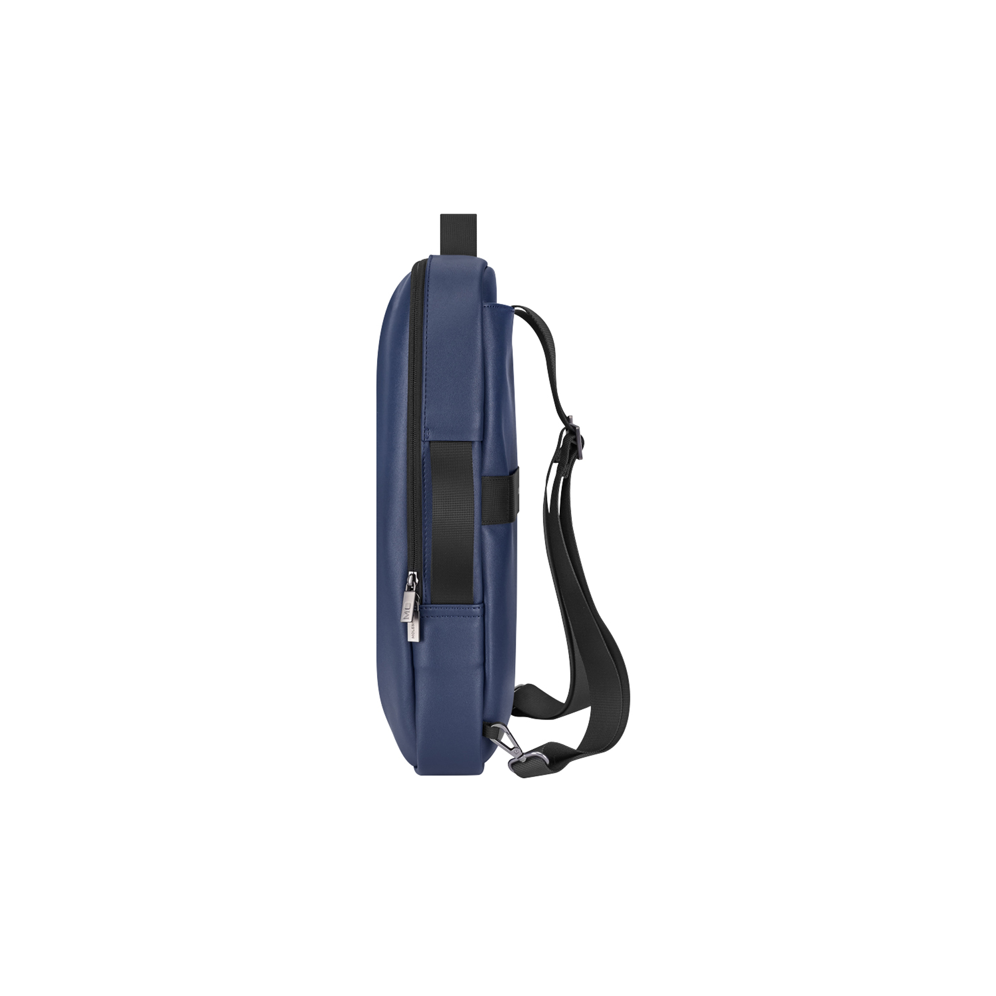 Borsa a tracolla blu scuro con cerniera e cinghia nere.