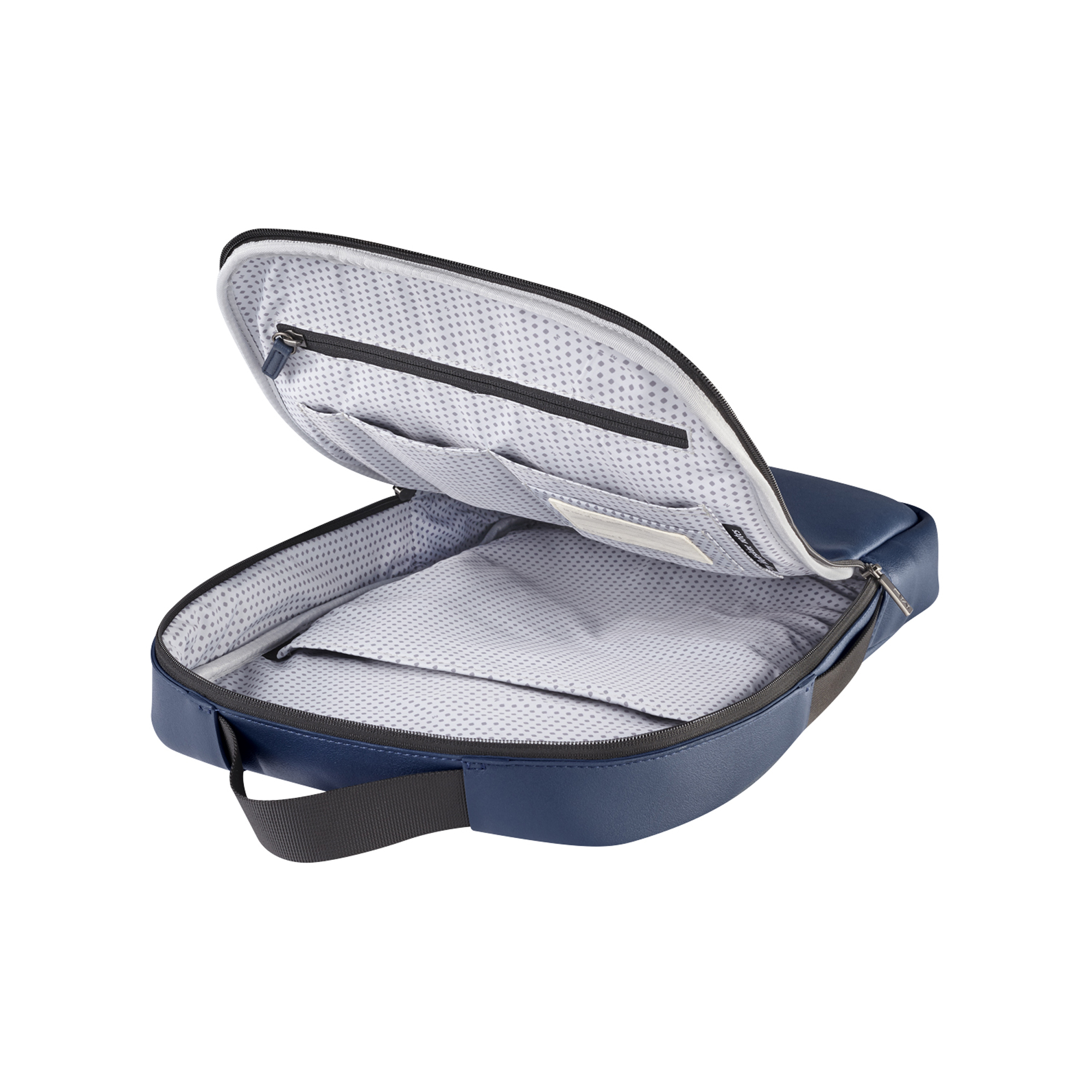 Borsa blu aperta con più scomparti e cerniera.