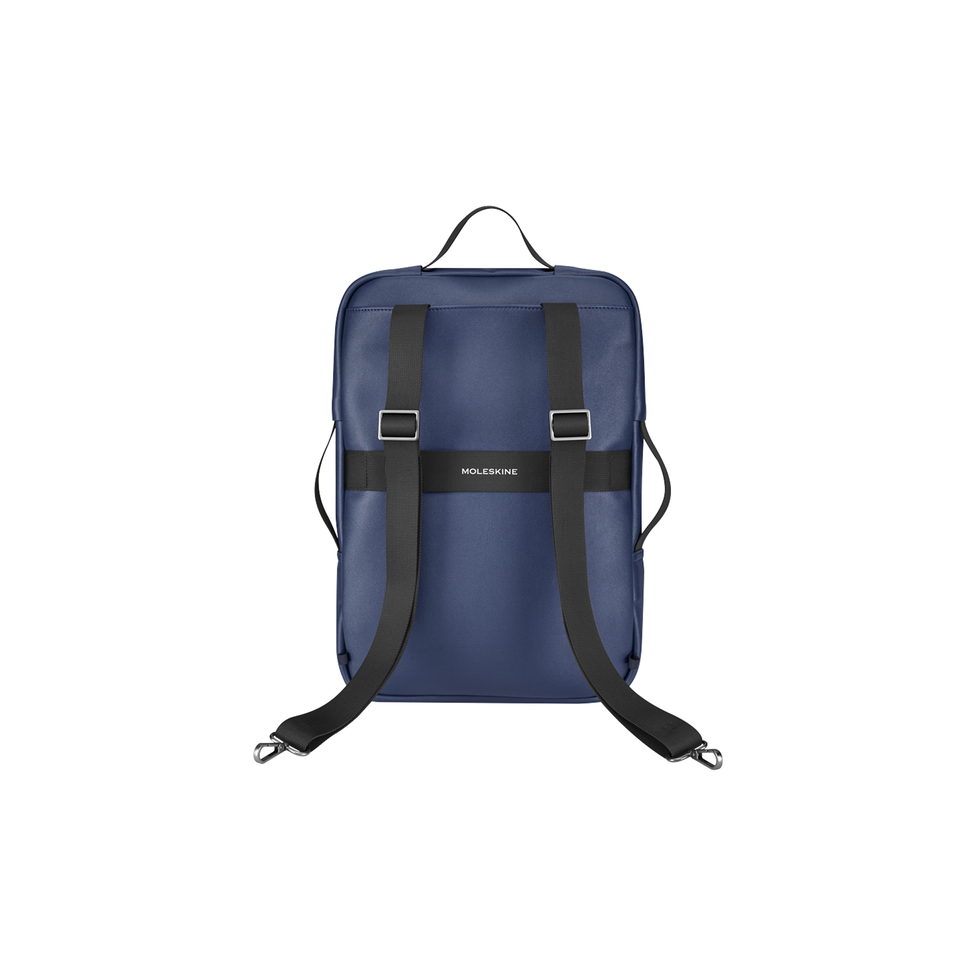 Vista posteriore di uno zaino blu navy in pelle con cinghie nere e logo.