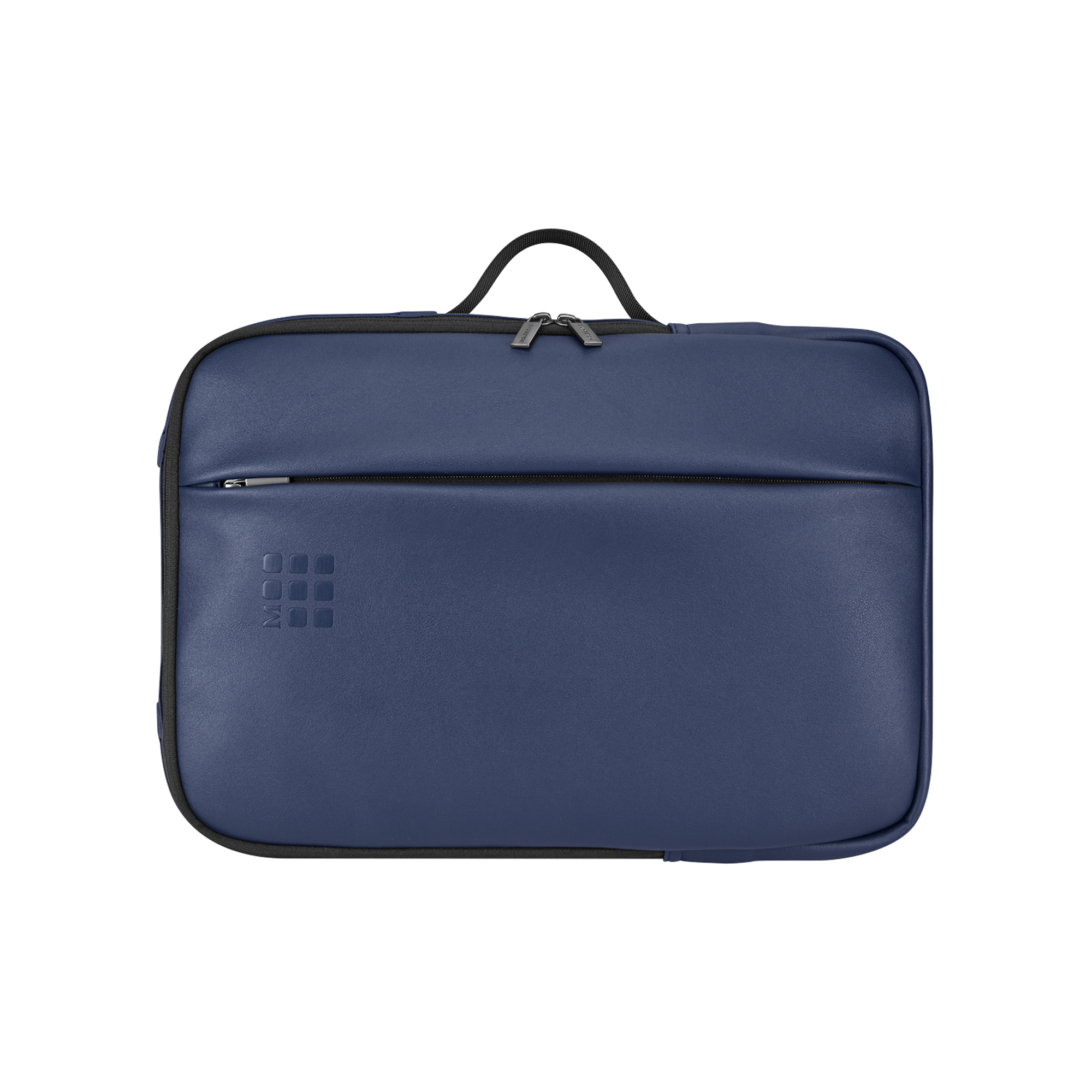 Una borsa per laptop blu navy con manico e tasca frontale con zip.