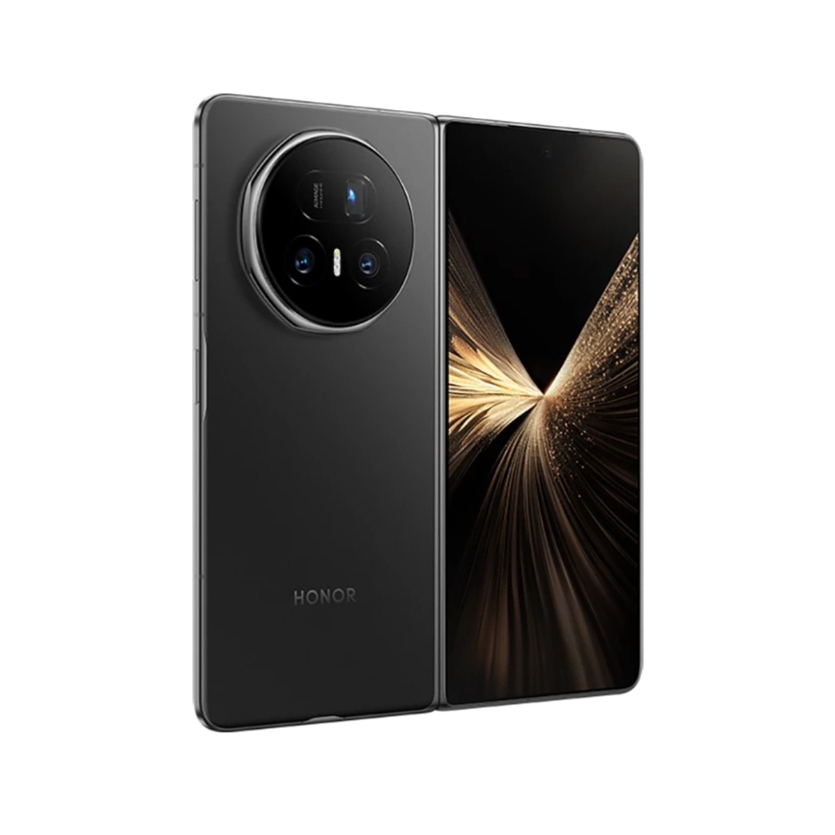 Ein schwarzes faltbares Honor Smartphone ist geöffnet. Die Rückseite hat ein kreisförmiges Kameramodul.