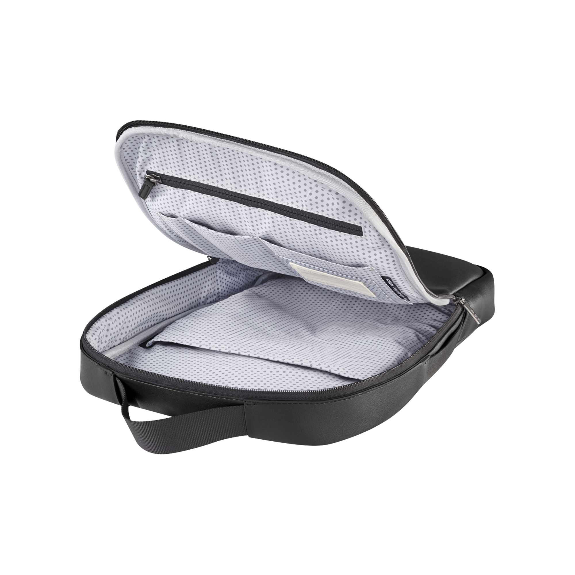 Borsa nera con scomparto aperto, interno con fantasia grigio chiaro.