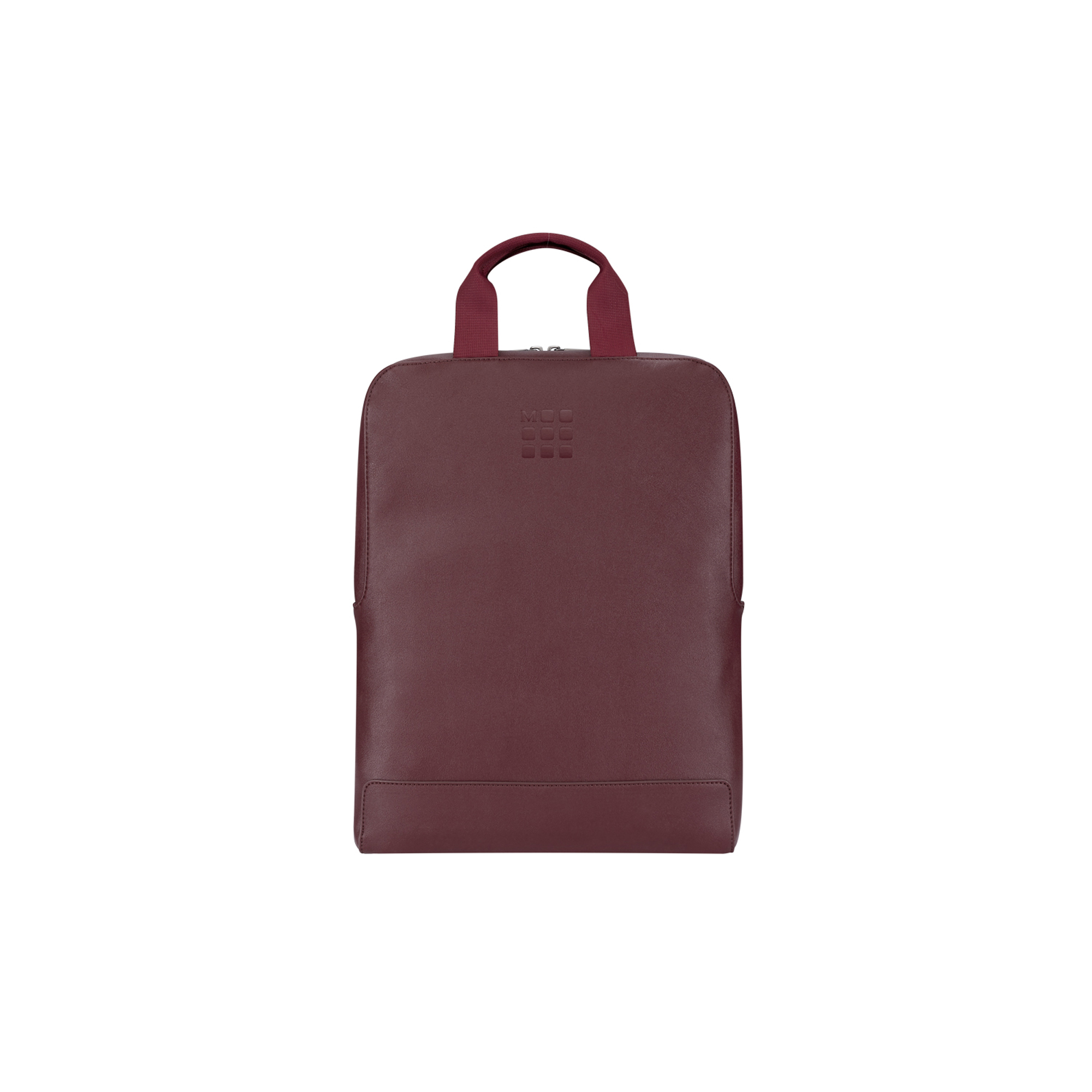 Borsa in pelle rosso scuro con manici e logo in rilievo sul davanti.