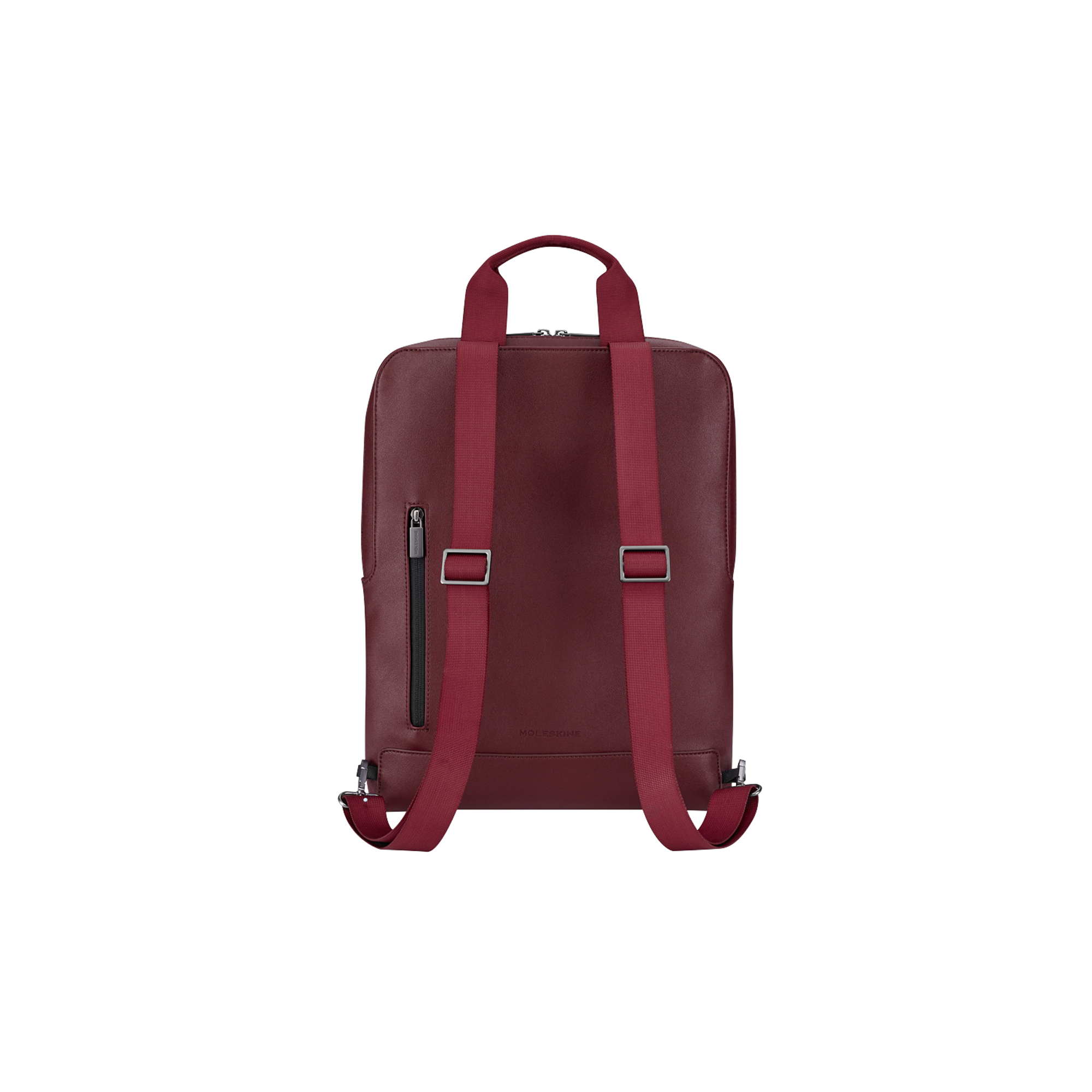 Vista posteriore di uno zaino in pelle bordeaux con cinghie rosse e tasca con zip.