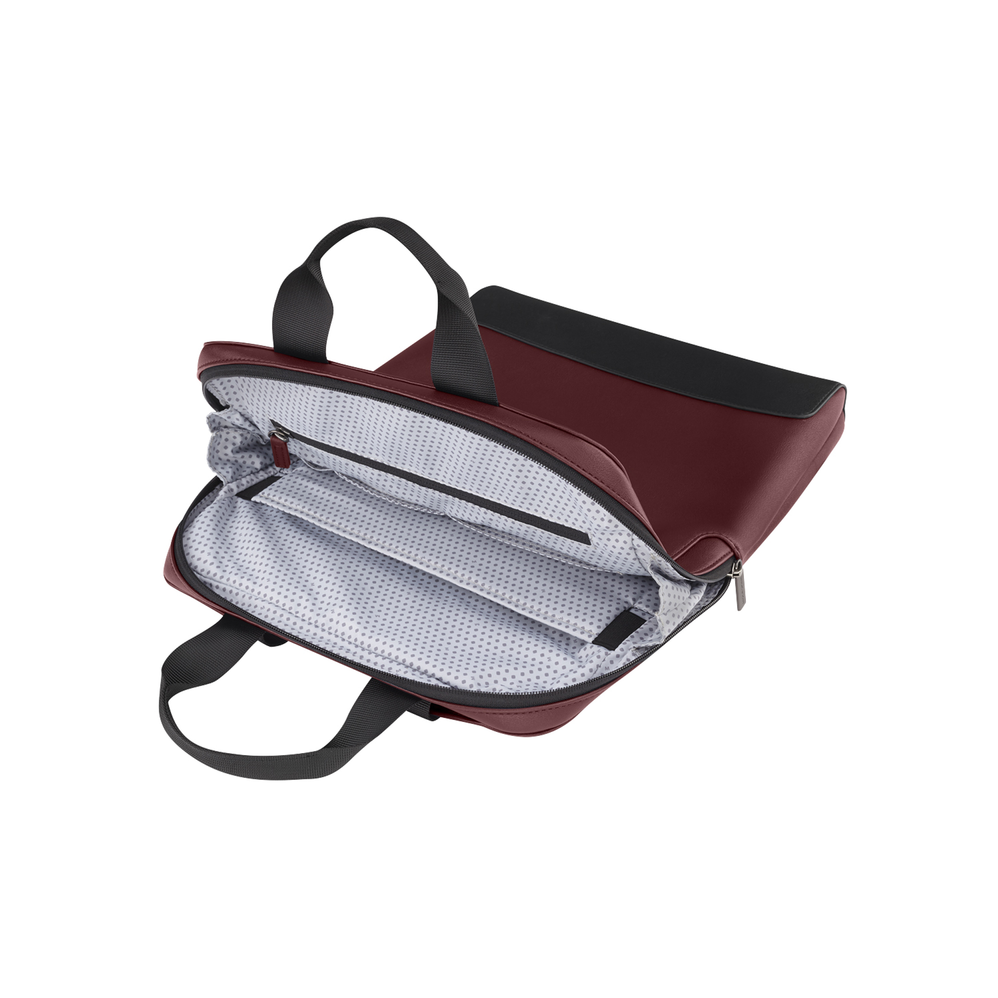 Borsa bordeaux con manici e cerniere nere. Vani interni visibili.