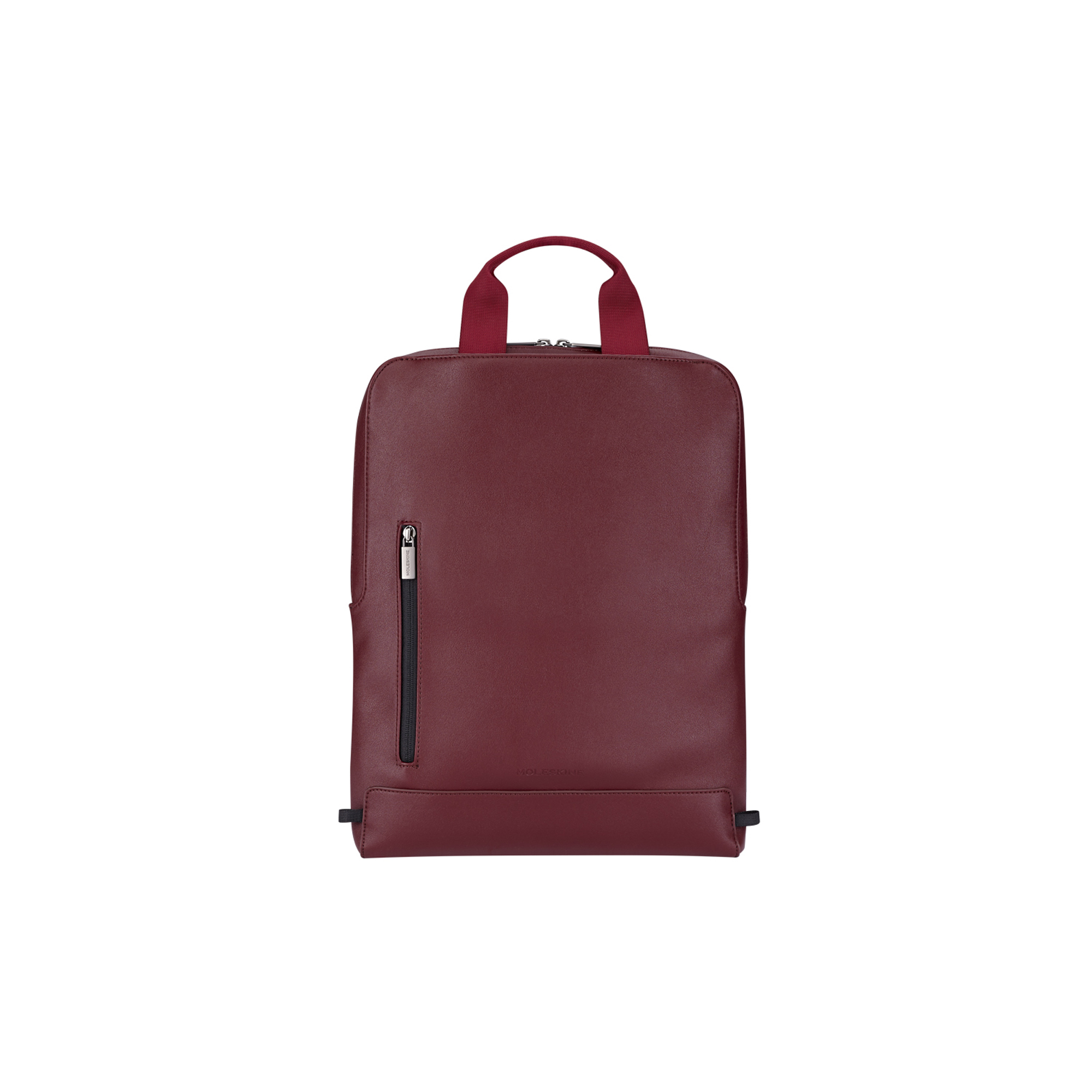 Uno zaino borsa bordeaux con manico e tasca con zip frontale.