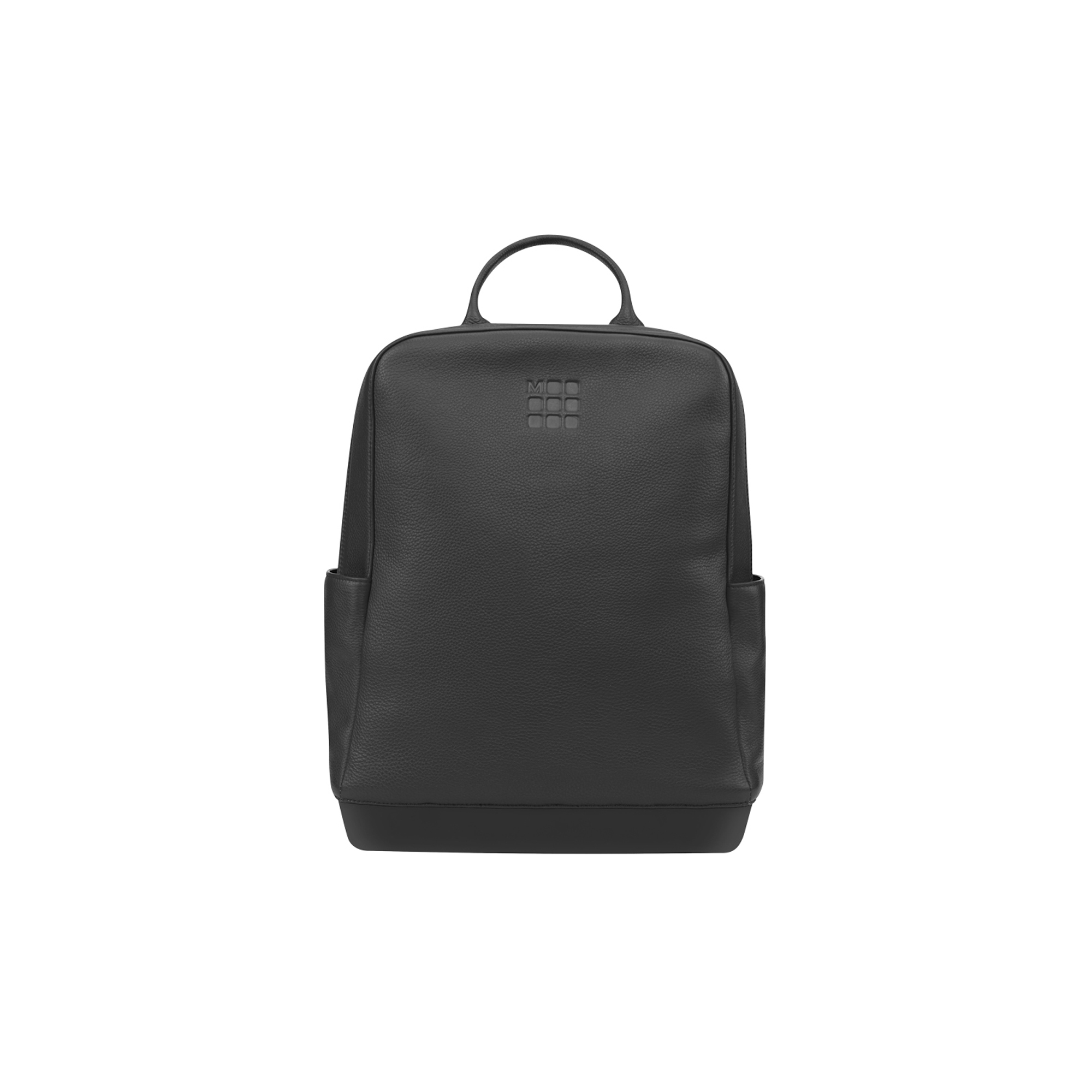 Uno zaino nero in ecopelle con manico e tasche laterali.
