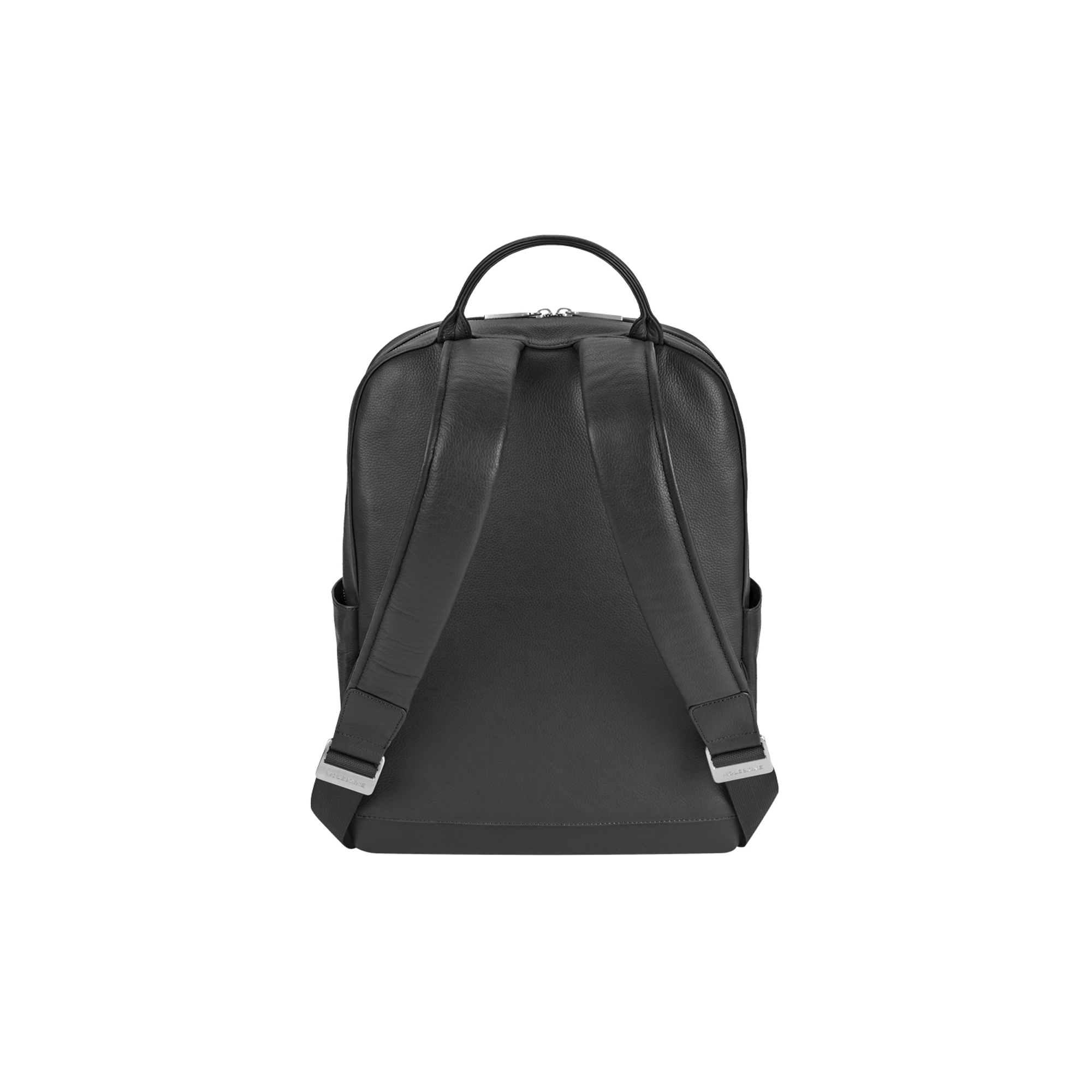 Zaino in pelle nera visto da dietro con due spallacci e due tasche laterali.