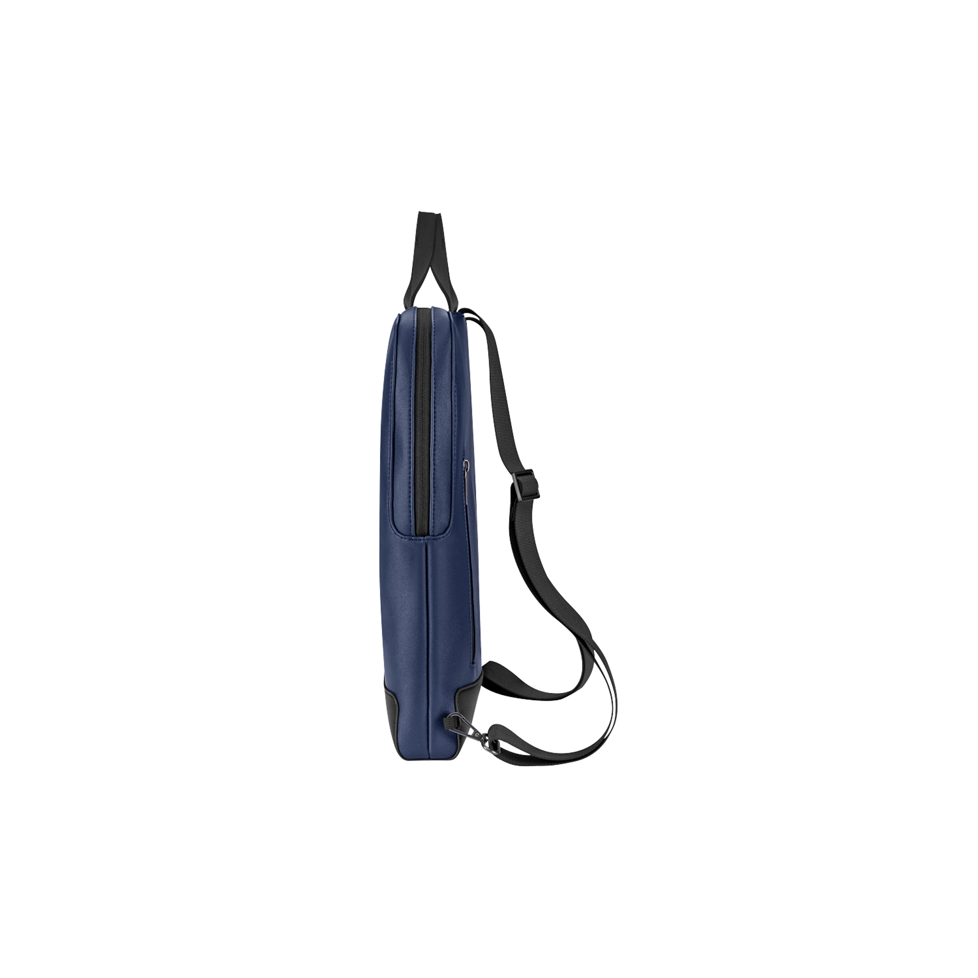 Una borsa blu scuro con tracolla nera e chiusura a zip.