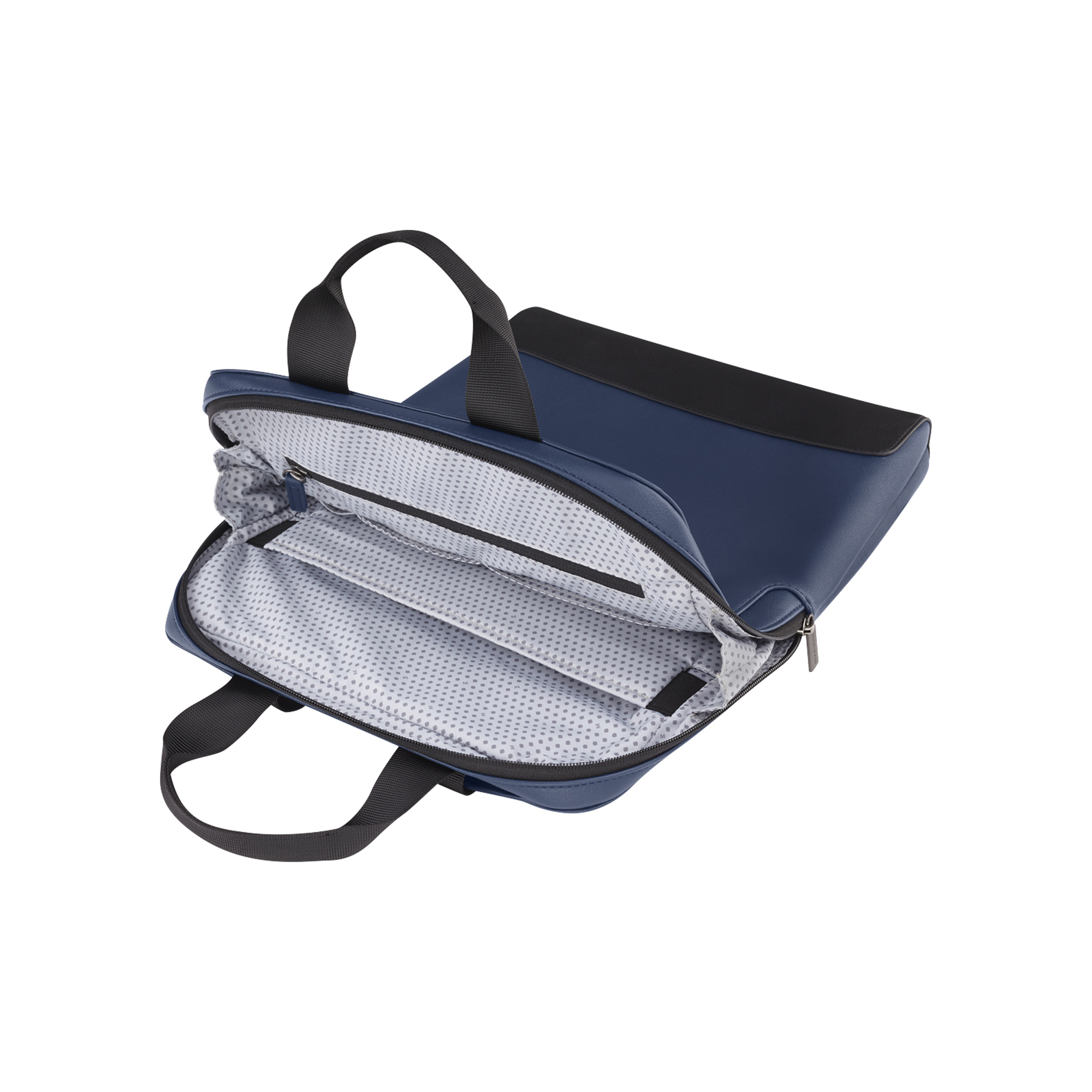 Una borsa blu scuro con manici neri e uno scomparto aperto.