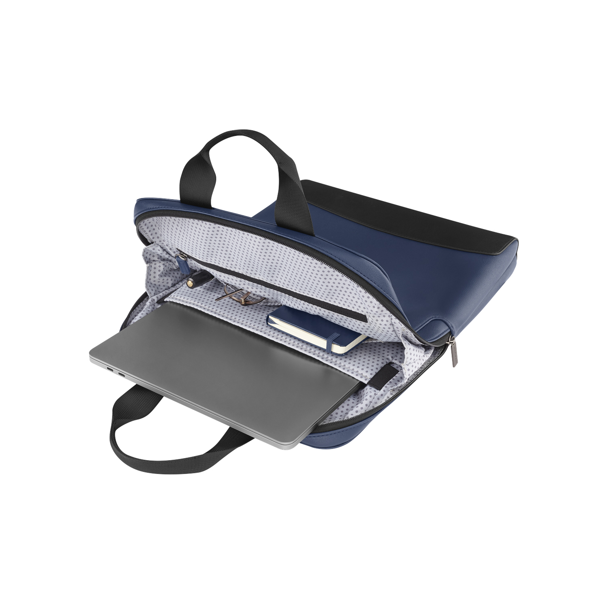 Borsa blu per laptop con laptop, taccuino e occhiali.