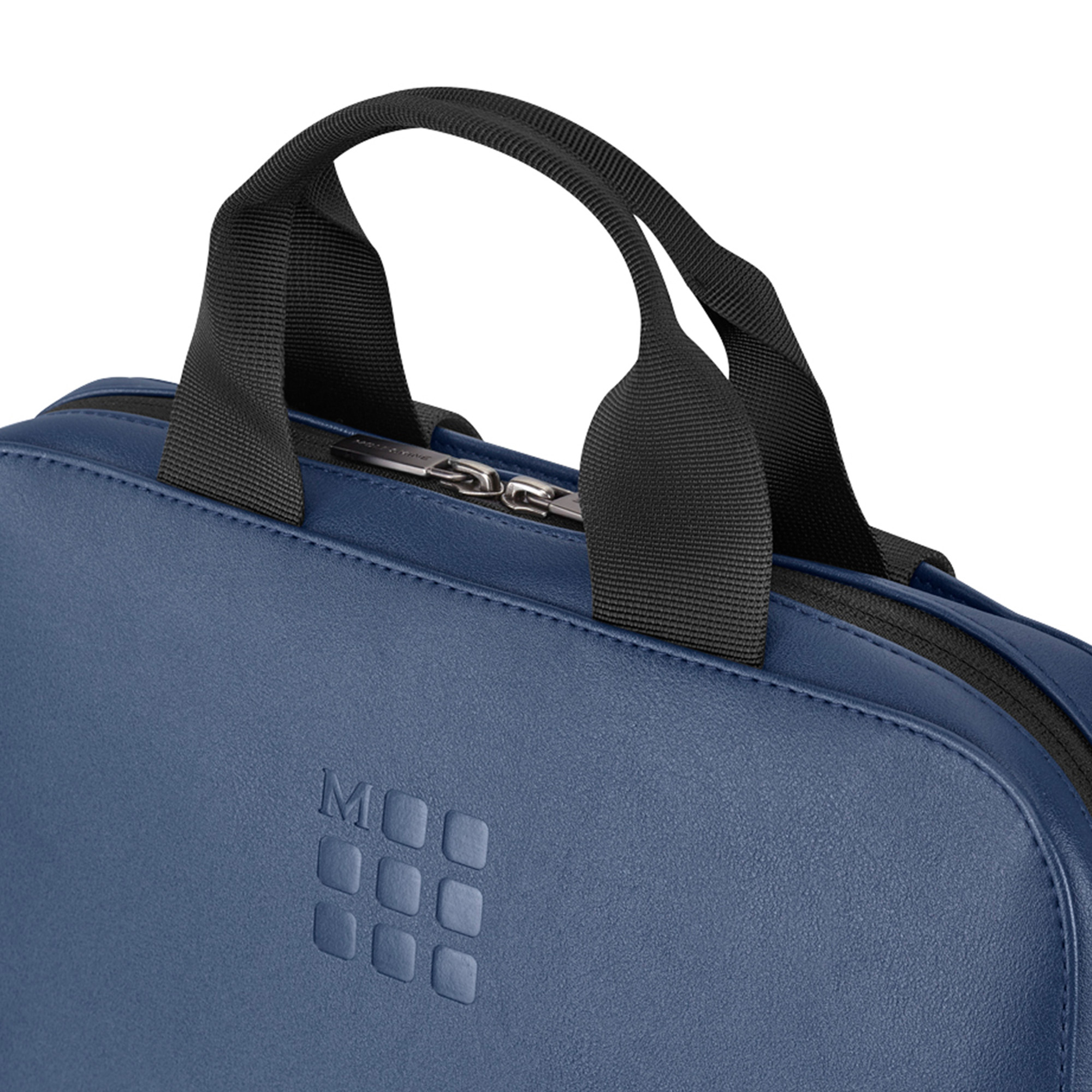 Borsa blu con manici neri e cerniera. Logo Moleskine.