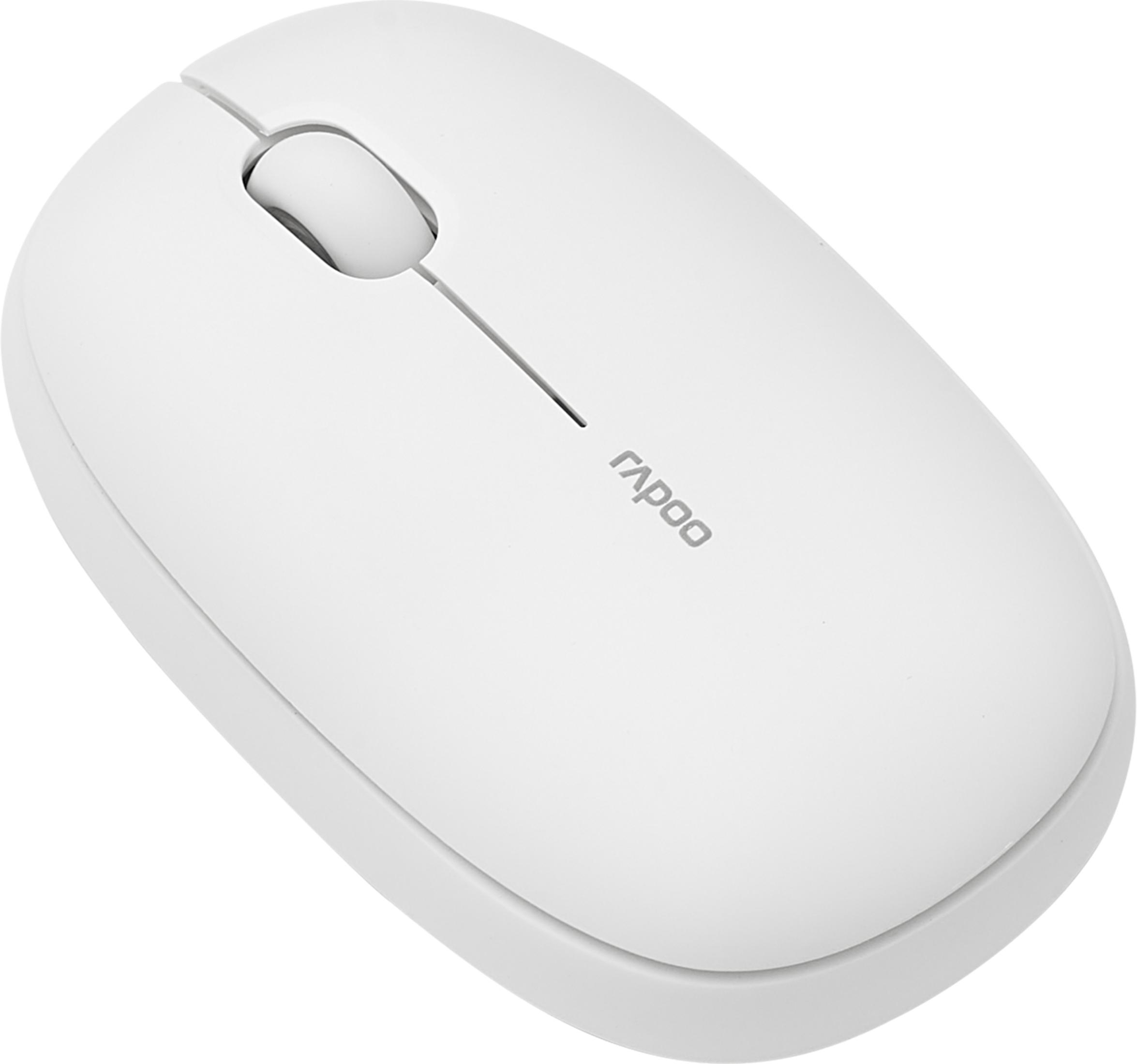 Un mouse bianco con rotellina e logo grigio.