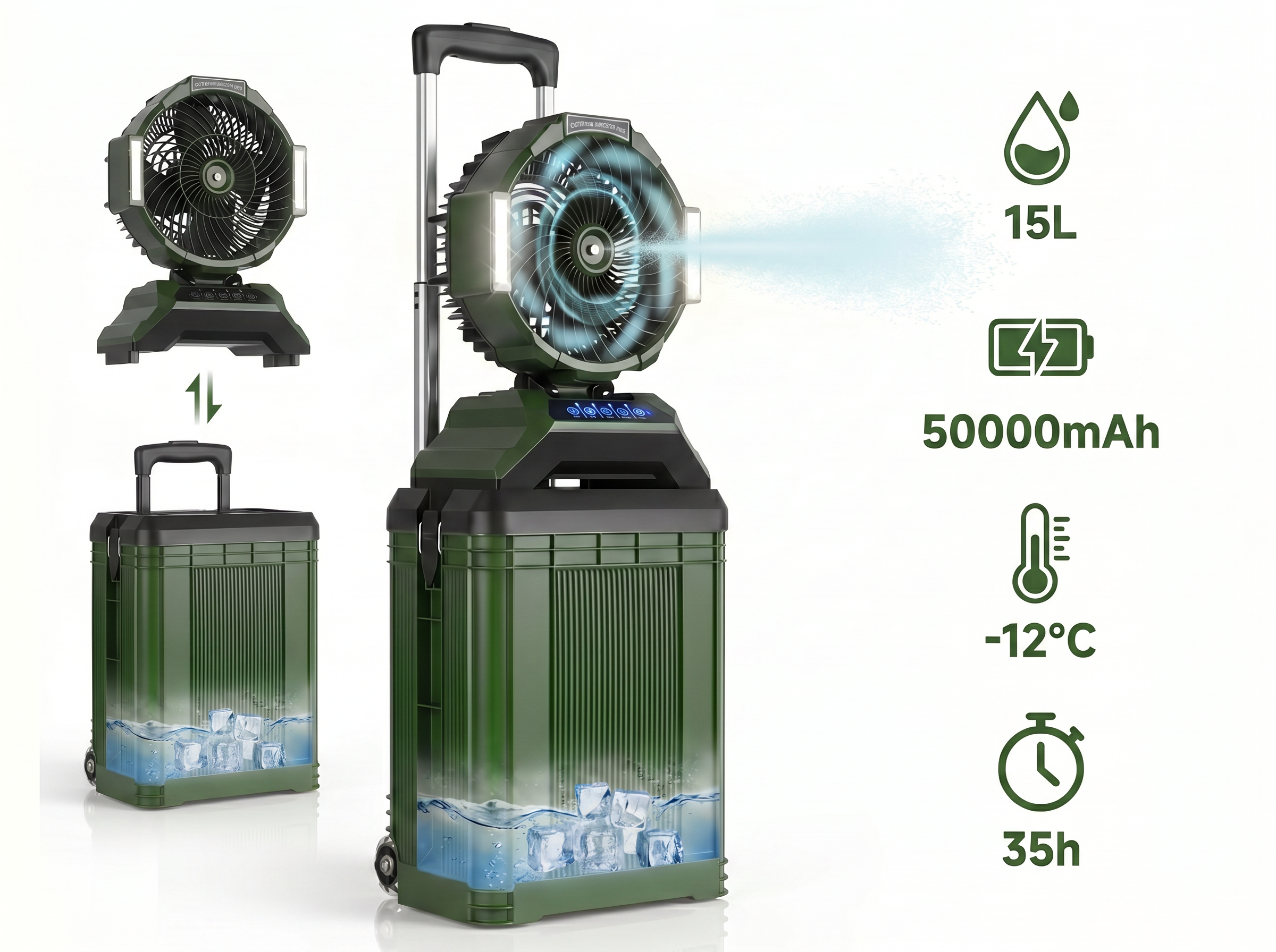 Grüner tragbarer Lüfter mit 15L Tank, 50000mAh Akku, -12°C Kühlung, 35h Laufzeit.