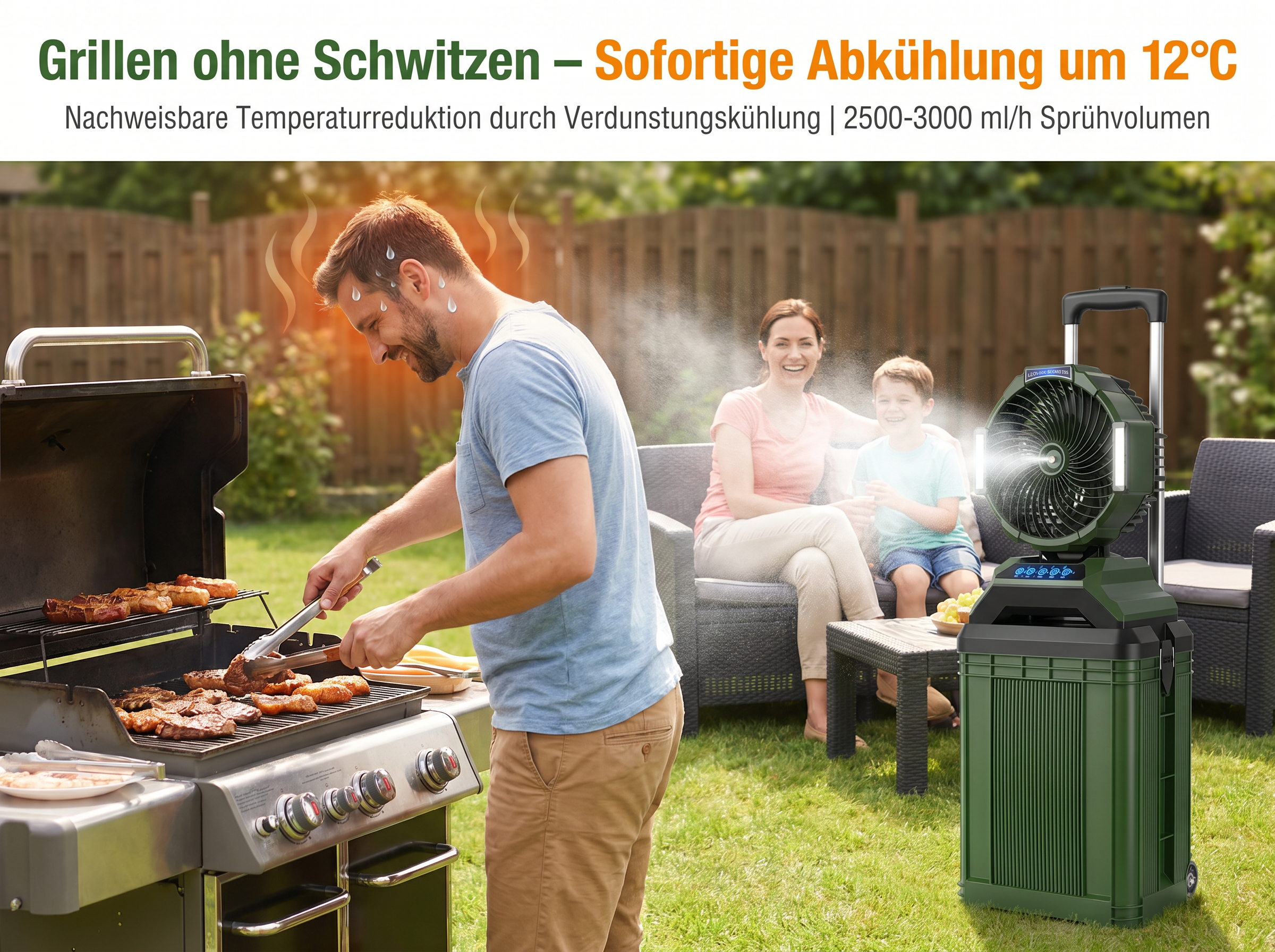 Mann grillt Fleisch, Familie sitzt auf Couch, Ventilator sprüht Nebel.