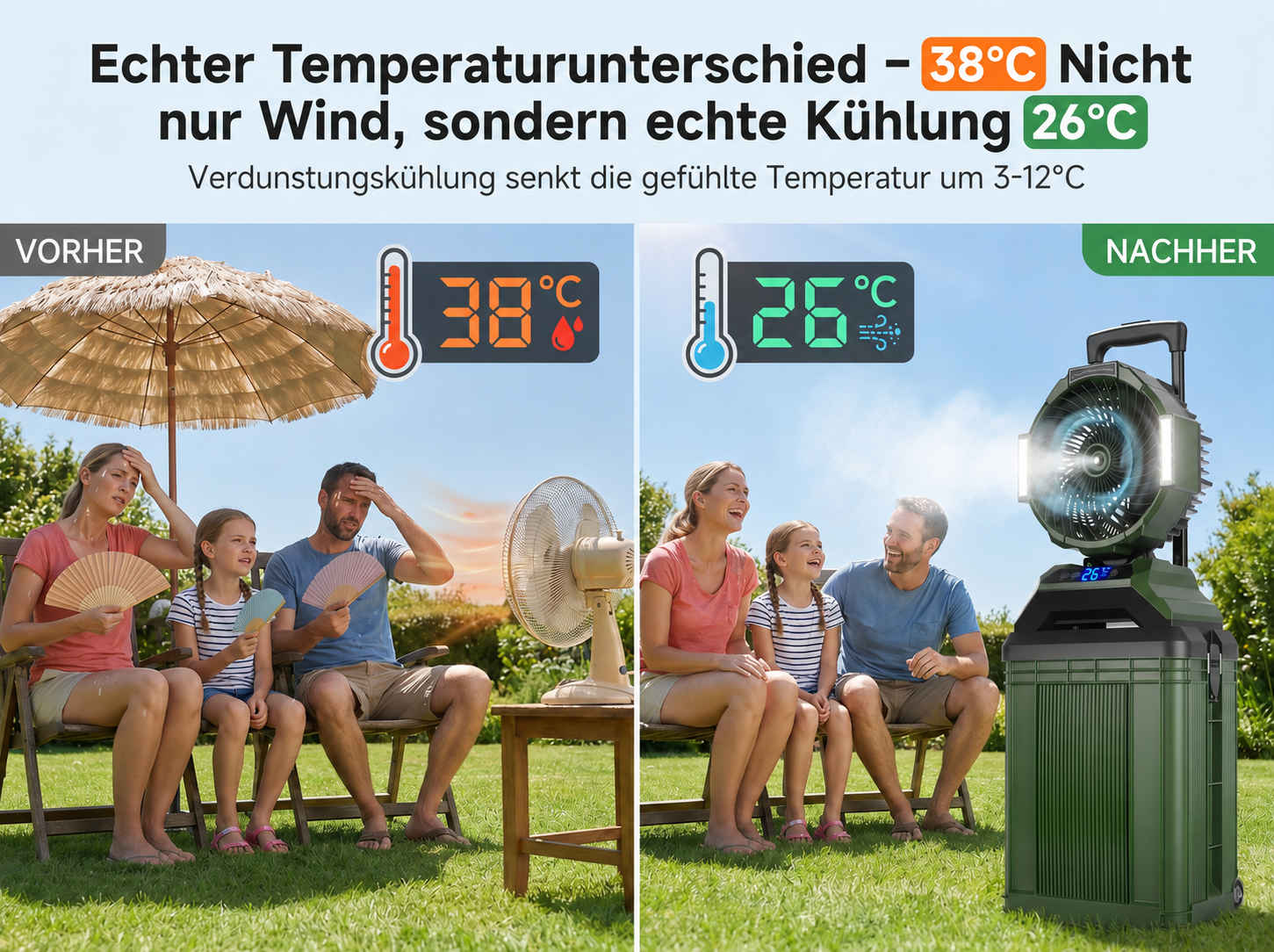 Vorher: Familie schwitzt bei 38°C mit Ventilator. Nachher: Familie genießt 26°C mit Kühlgerät.