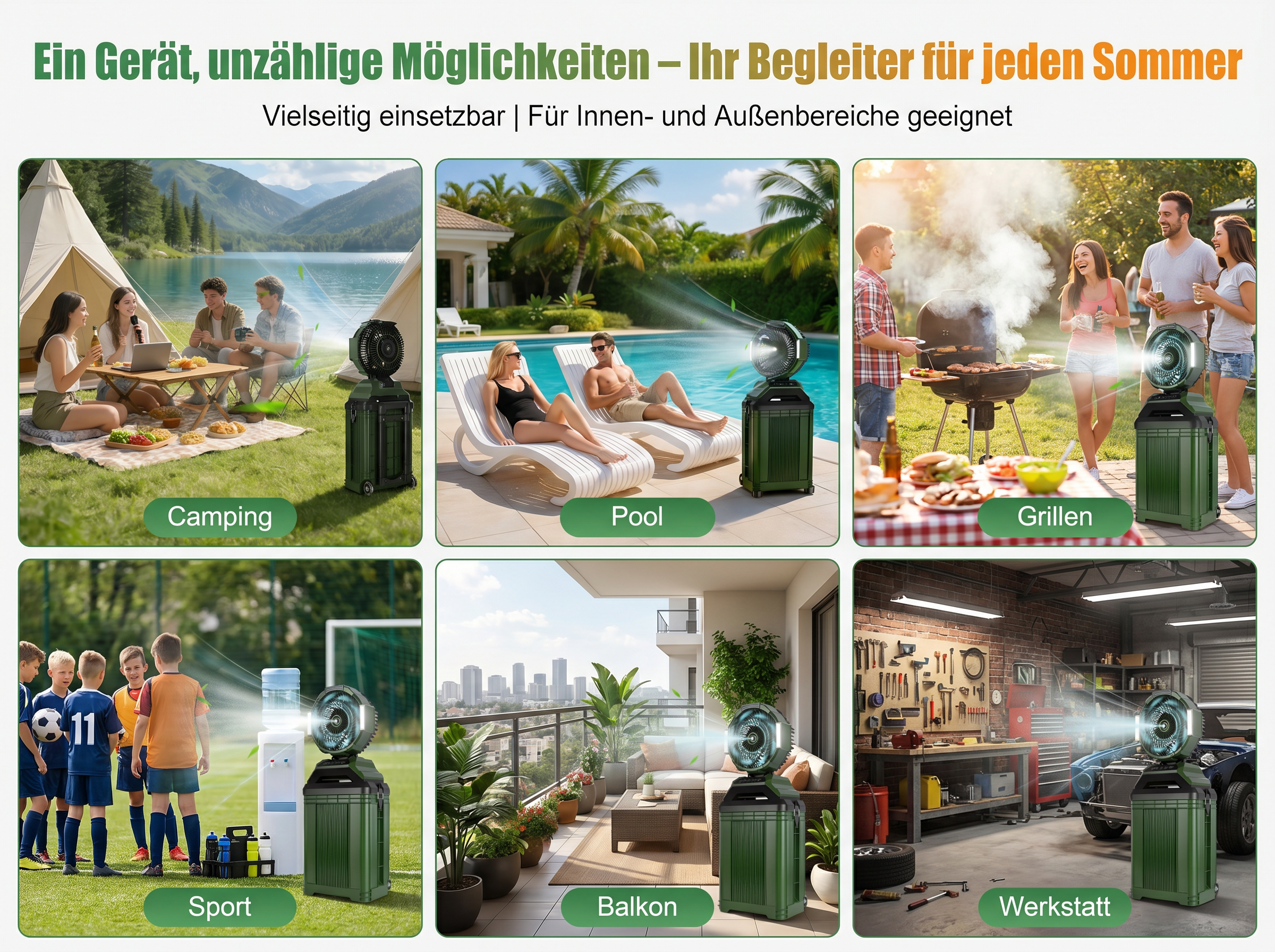 Sechs Szenen zeigen einen grünen Ventilator in verschiedenen Umgebungen: Camping, Pool, Grillen, Sport, Balkon und Werkstatt.