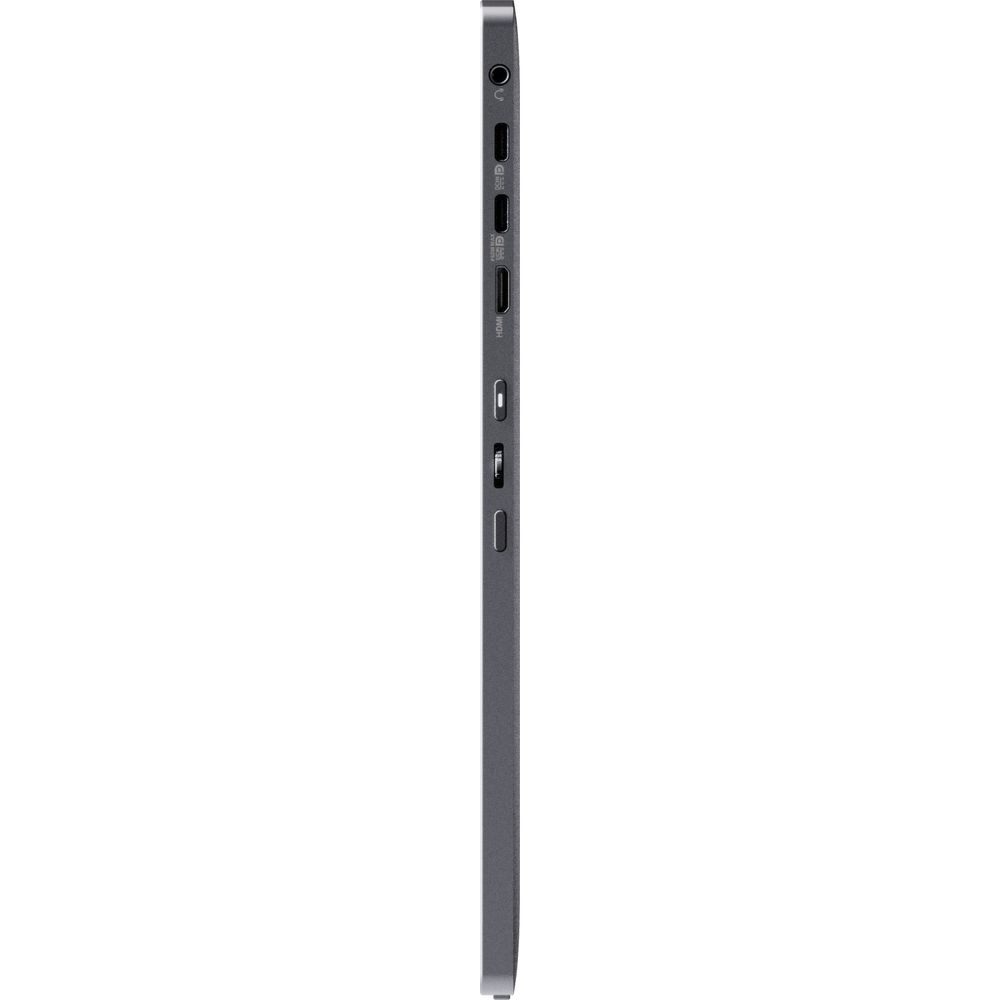 Graues Tablet im Profil mit Anschlüssen wie Kopfhörer, SD-Karte, HDMI.