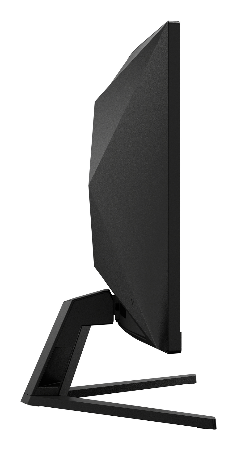 Un monitor negro con un diseño moderno y geométrico y una base estable.