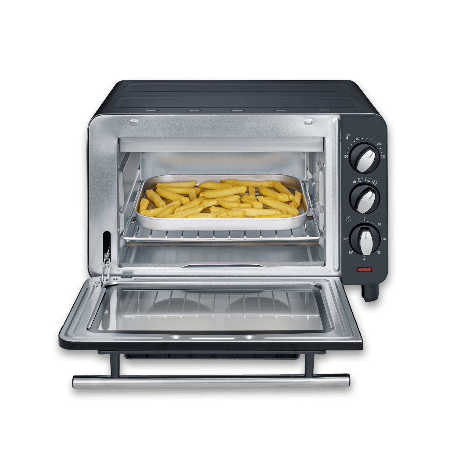 Un horno tostador con una bandeja de papas fritas dentro.