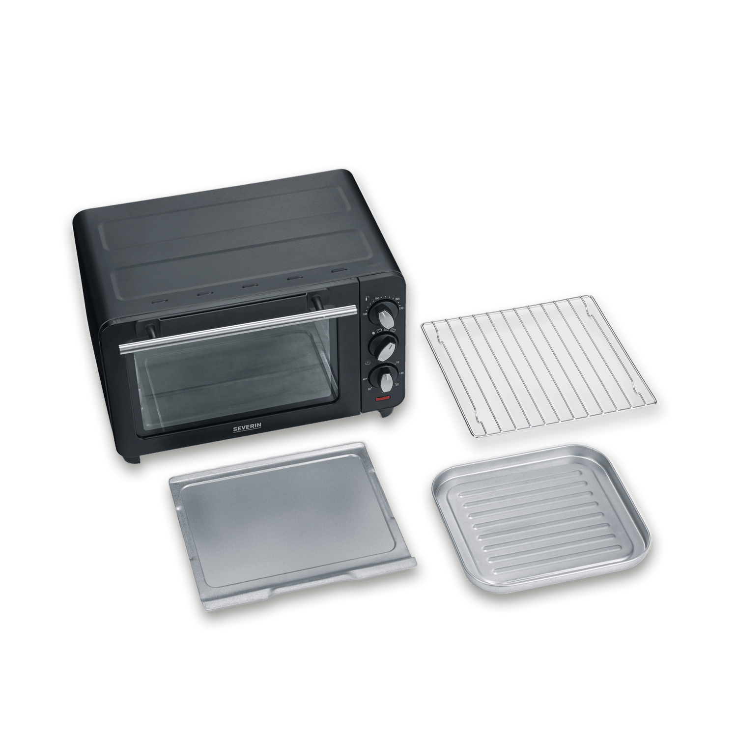 Horno pequeño negro con tres accesorios: bandeja para hornear, rejilla y bandeja de goteo.