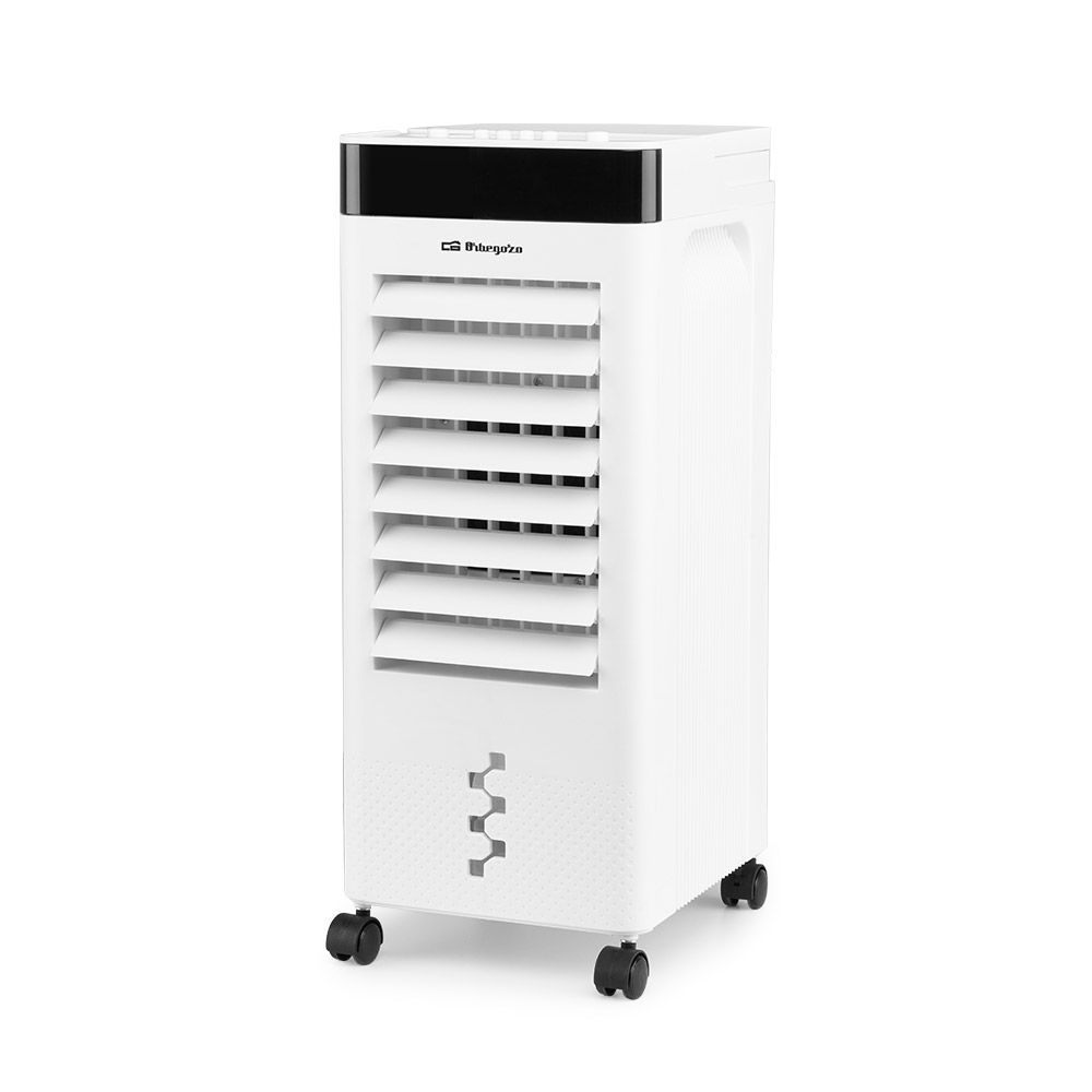 Un refrigeratore d'aria bianco e portatile con ruote e alette.