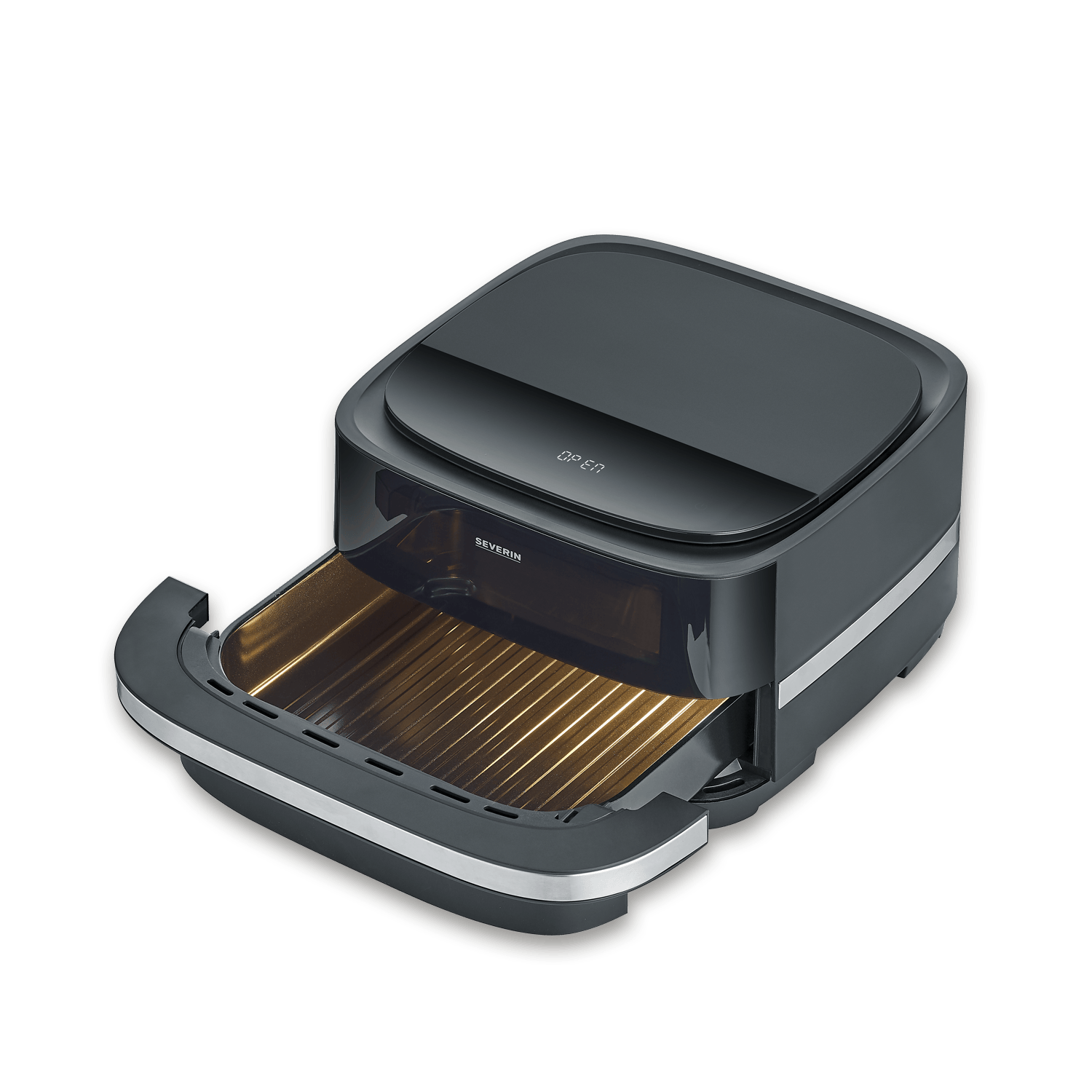 Un forno friggitrice ad aria scuro con cassetto aperto e resistenze.